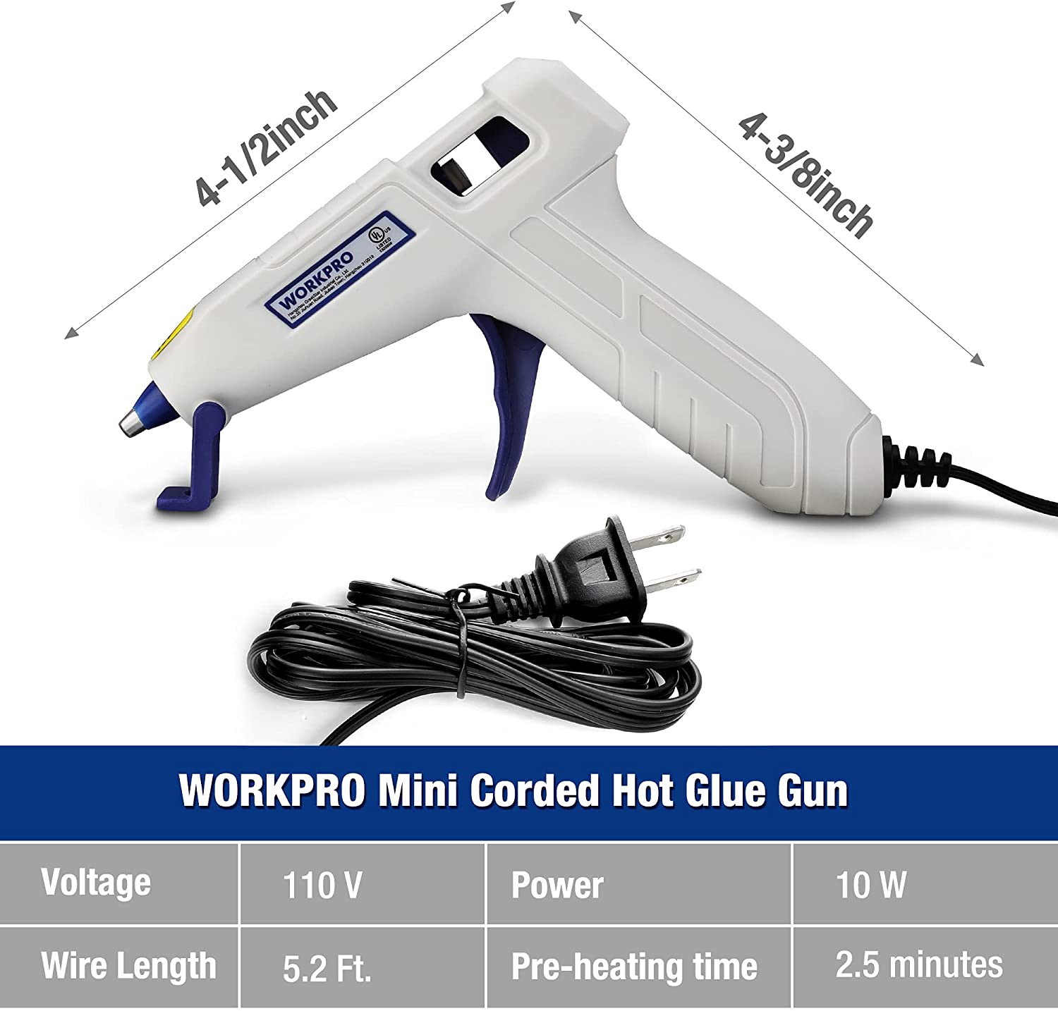 Mini corded hot glue gun with power cord and white handle, blue trigger