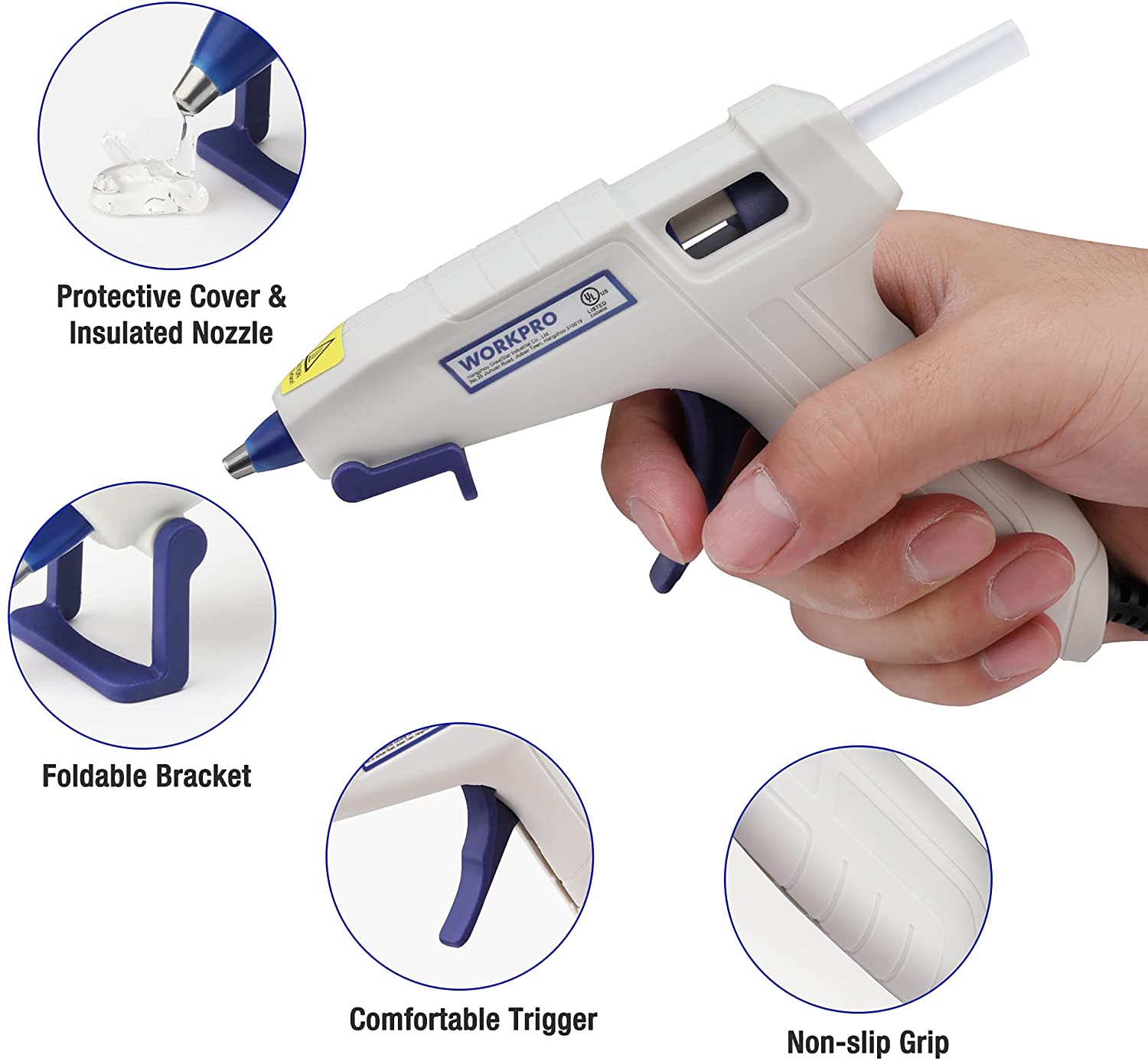 Mini hot glue gun with insulated nozzle and protective cover, white and blue