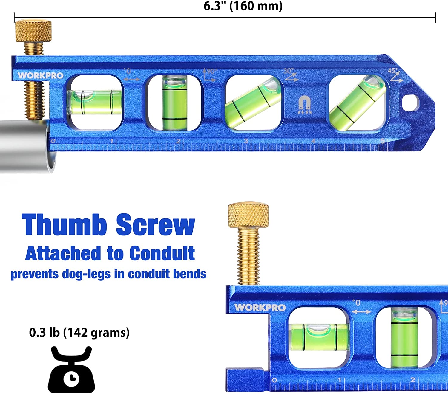 WORKPRO blue conduit bending level with green vials and brass thumb screws