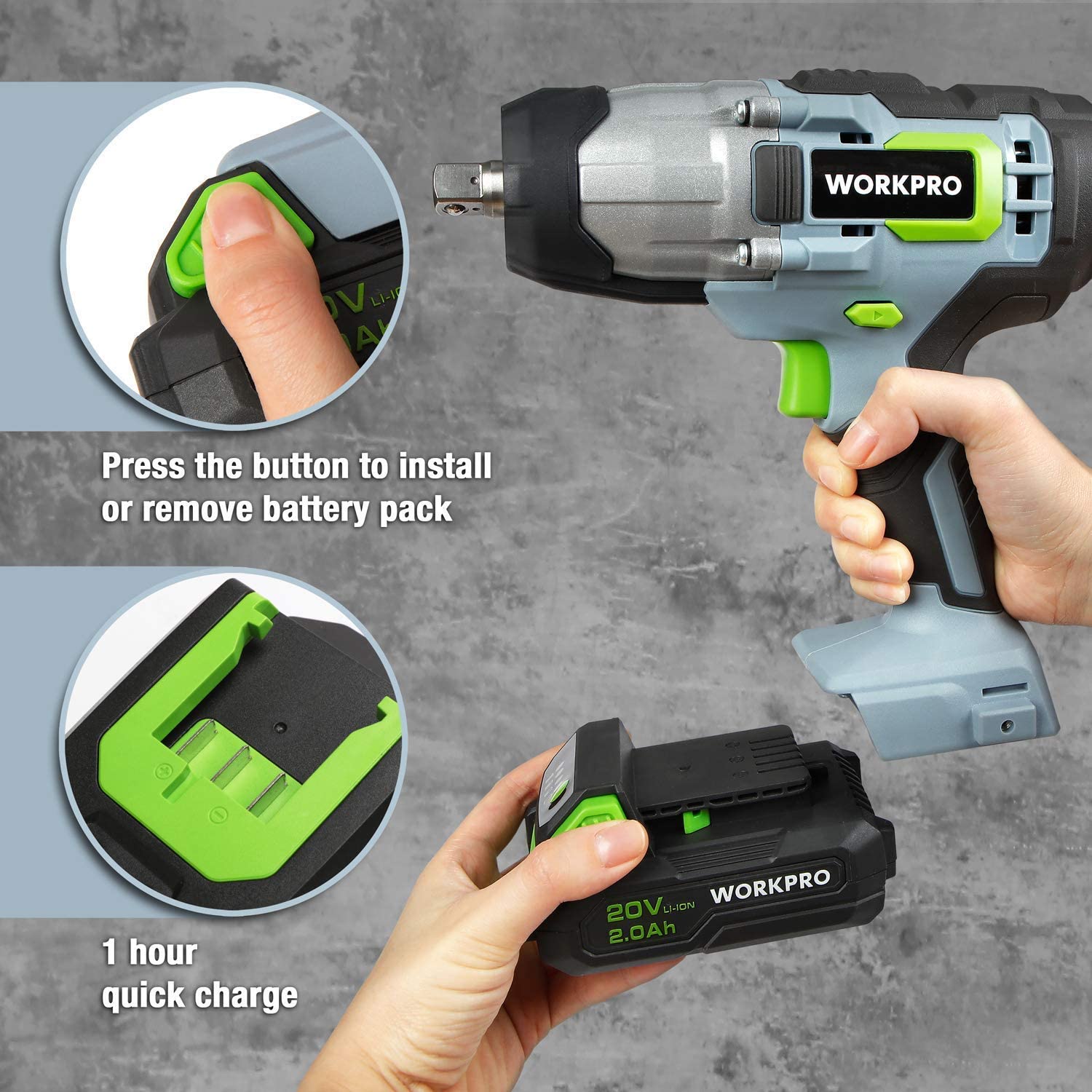 Cordless impact wrench with battery release button for installing or removing the pack