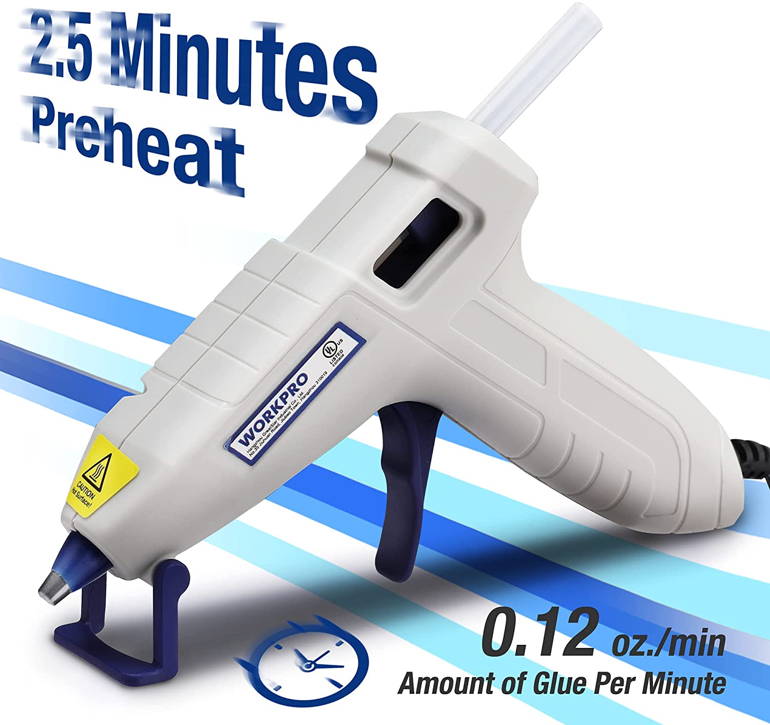White mini hot glue gun with trigger handle and glue nozzle, blue stand