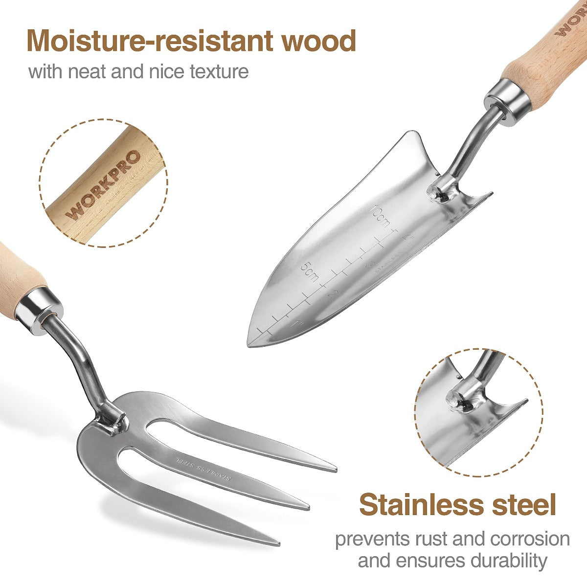 Stainless steel hand trowel and garden cultivator with wooden handles, pink accents