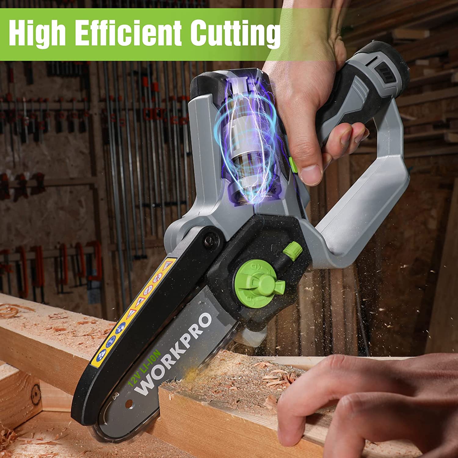 Cordless mini chainsaw trimming wood indoors with green control and black chain bar