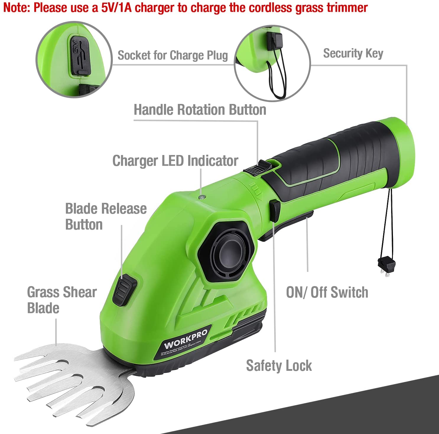 Green cordless grass shear and shrub trimmer with safety lock and on/off switch