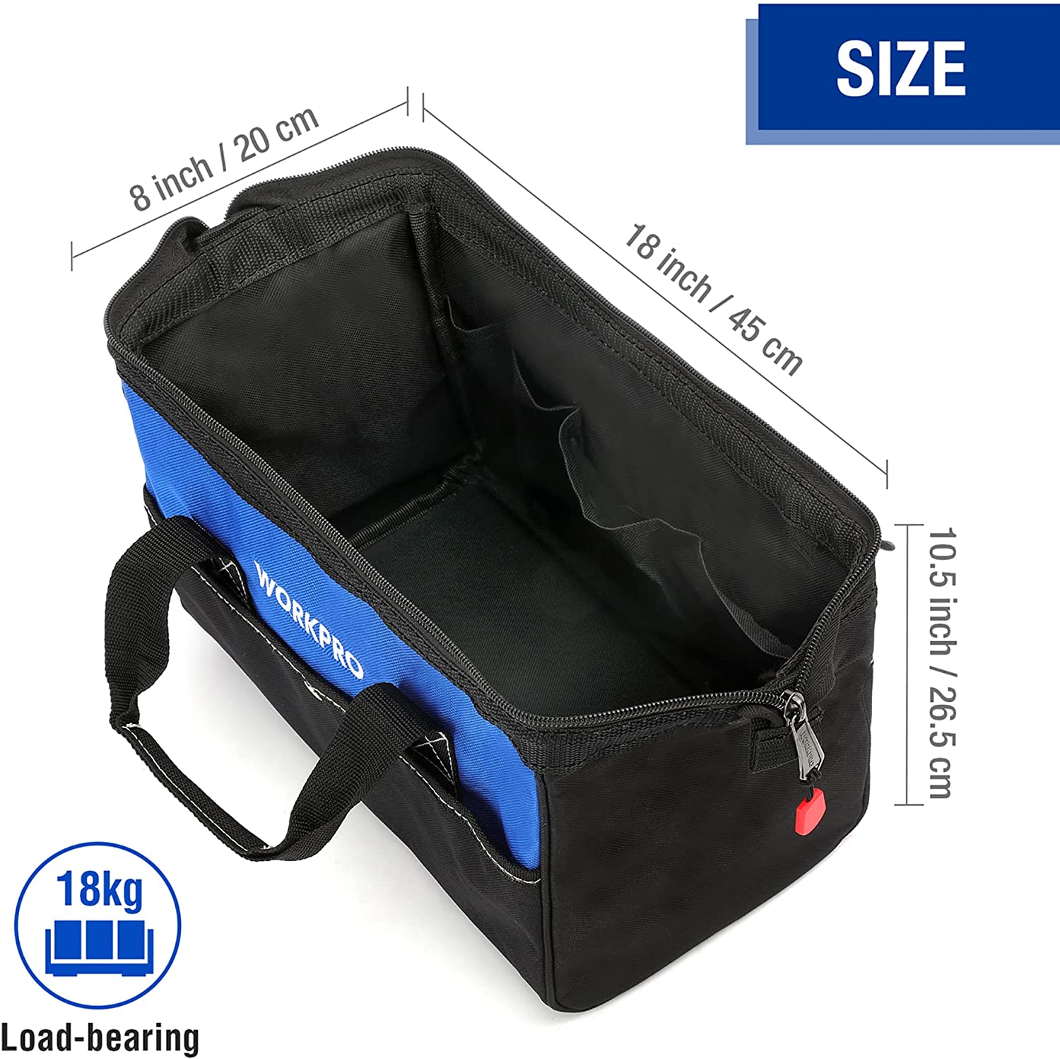 Black and blue tool storage bag with wide open top and zipper closure