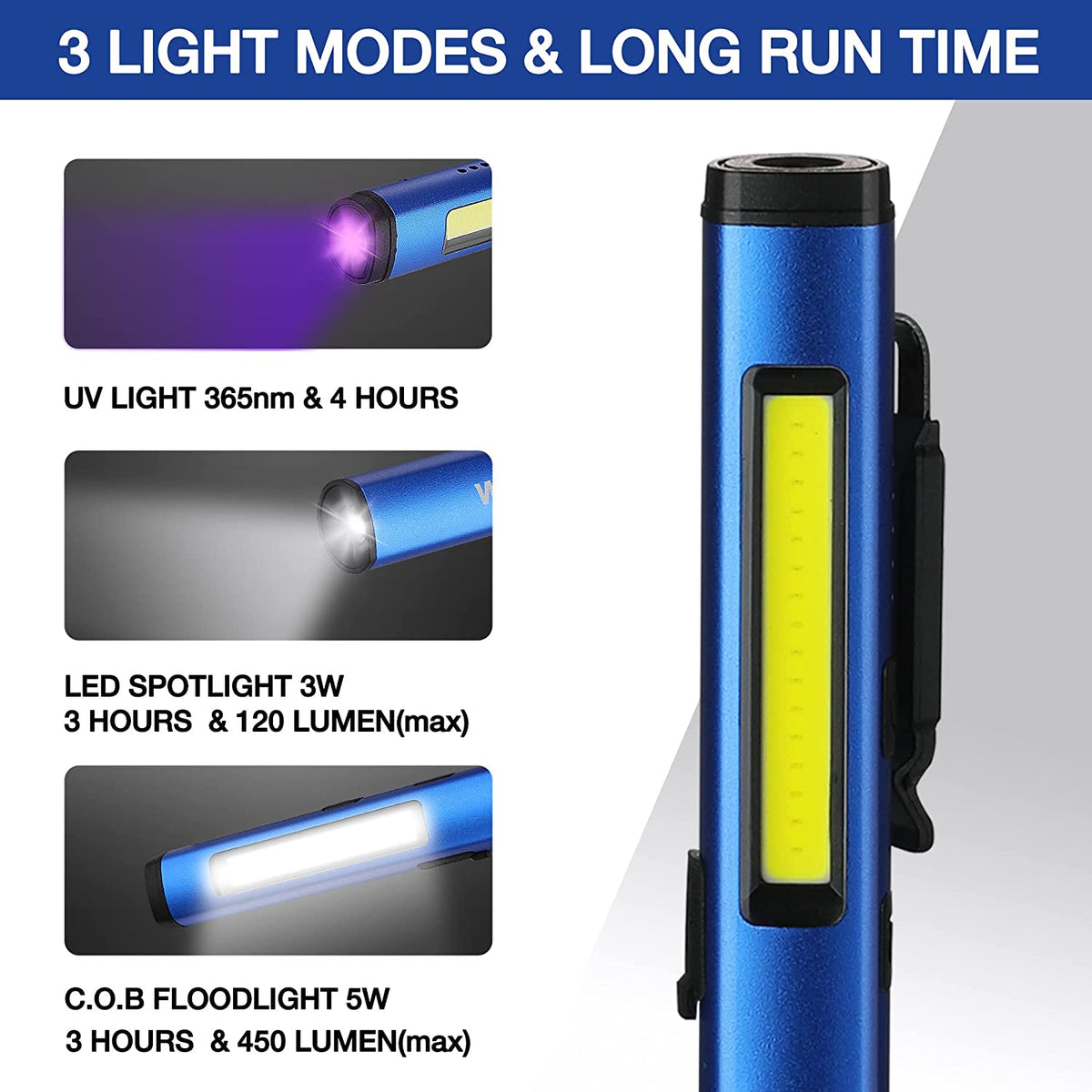 Blue LED pen flashlight with bright yellow light panel and side clip