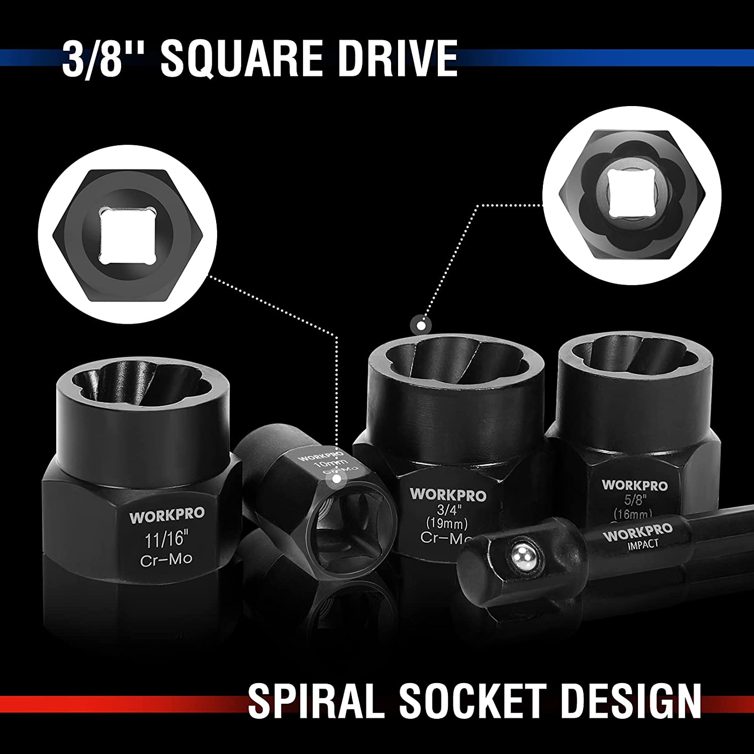 WORKPRO 3/8-inch square drive impact sockets with spiral socket design