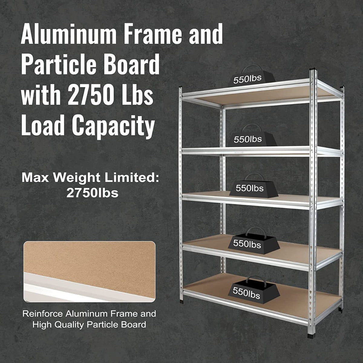 5-tier aluminum frame storage rack with brown particle board shelves and load capacity