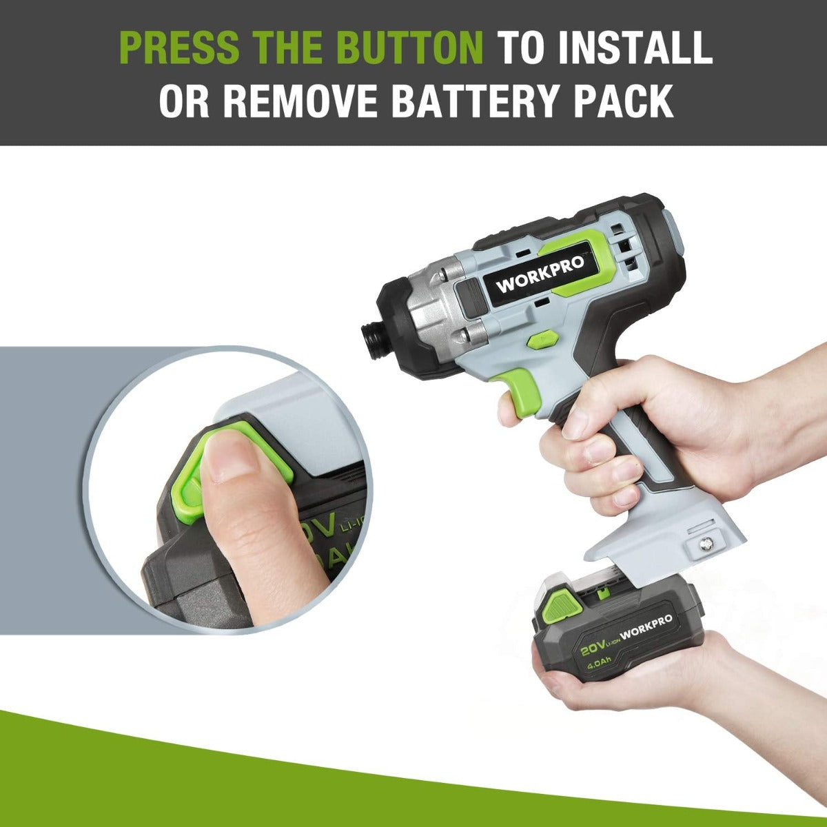 20V lithium-ion battery pack shown being installed or removed from a tool