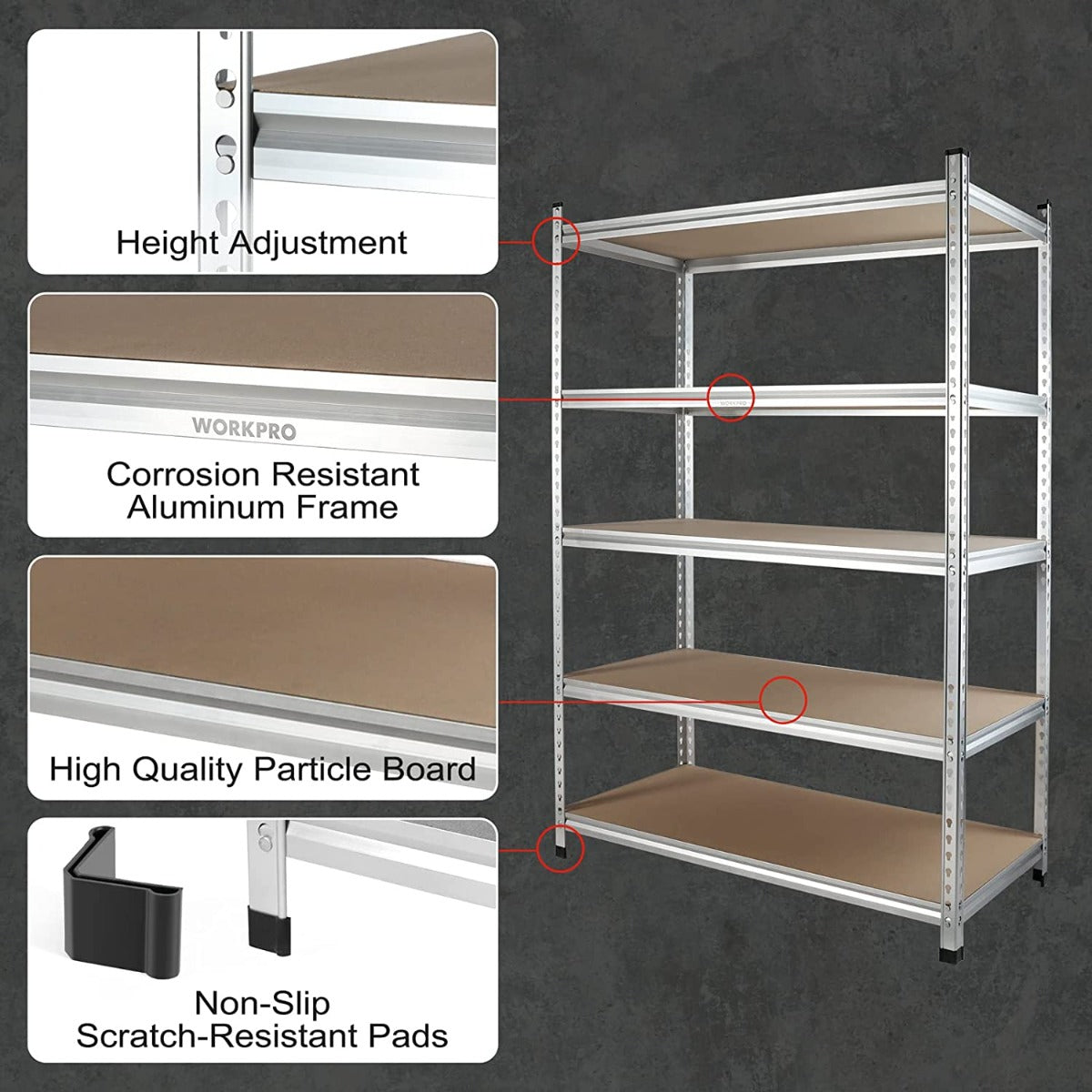 Adjustable height 5-tier storage rack with aluminum frame and brown particle board