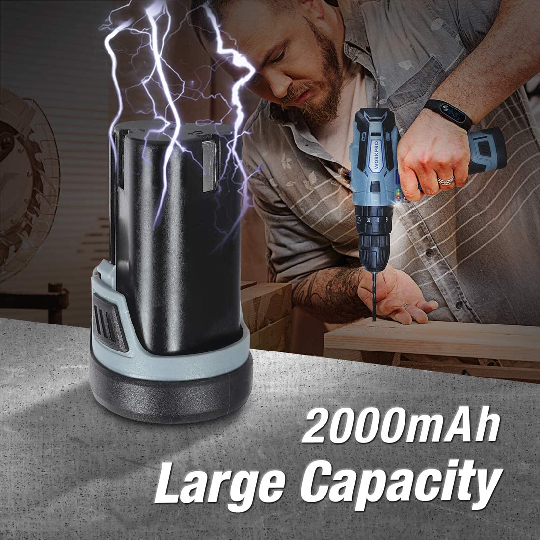 WORKPRO 12V lithium-ion battery pack on base, shown during cordless tool use