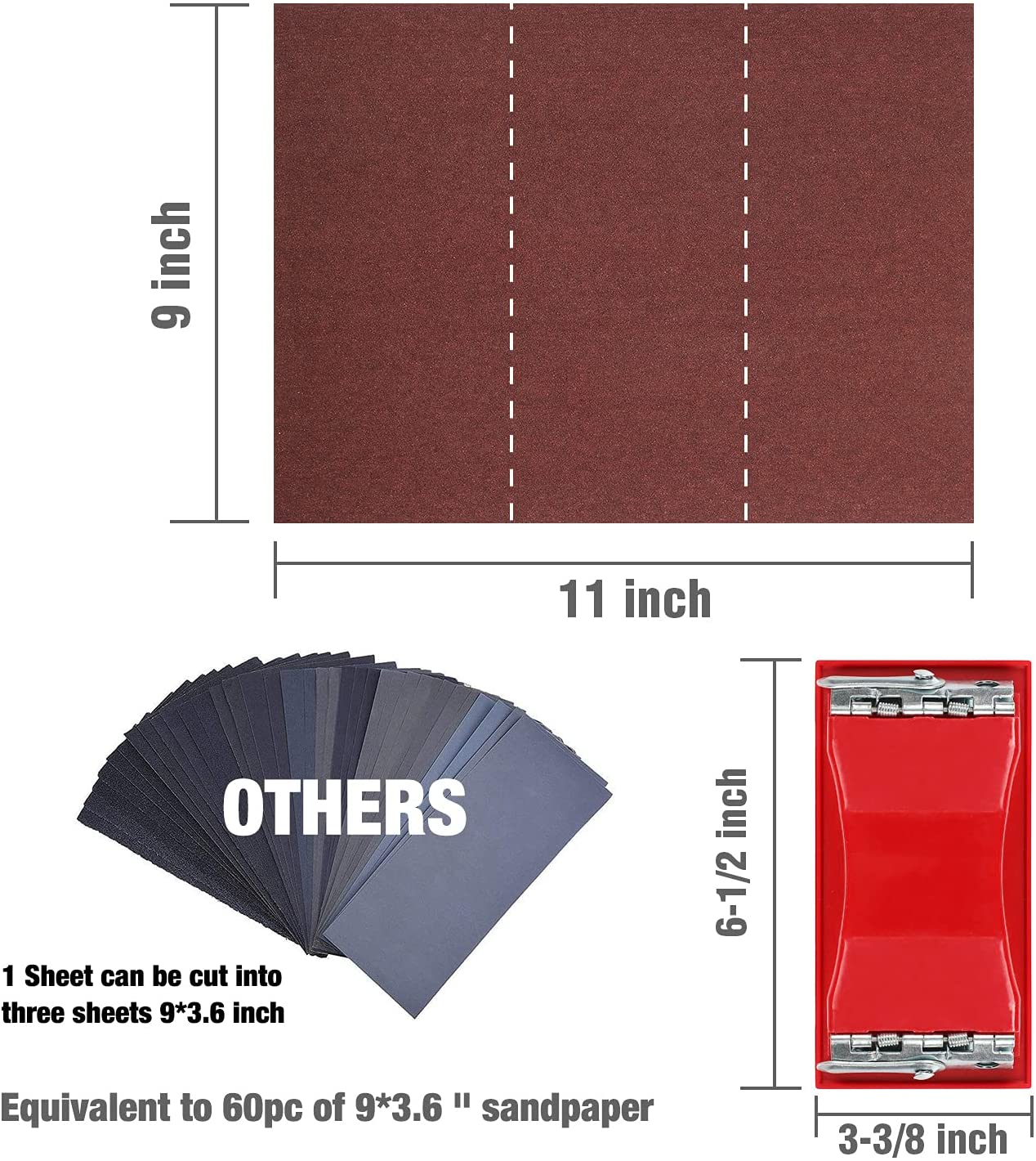 Sandpaper pad set with red sanding block, 9 in by 11 in abrasive sheets