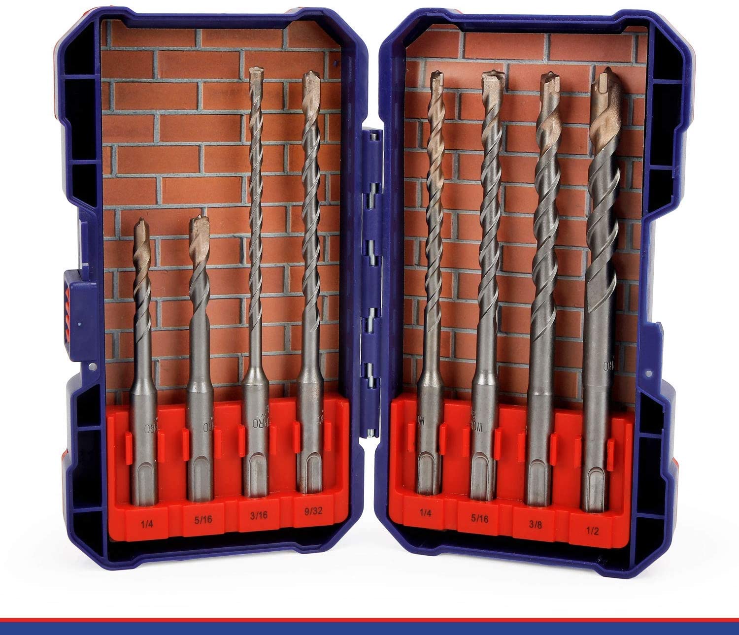 8-piece SDS-plus drill bit set in blue storage case, carbide-tipped bits inside