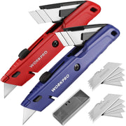 Retractable box cutter set with red and blue aluminum handles and blade storage