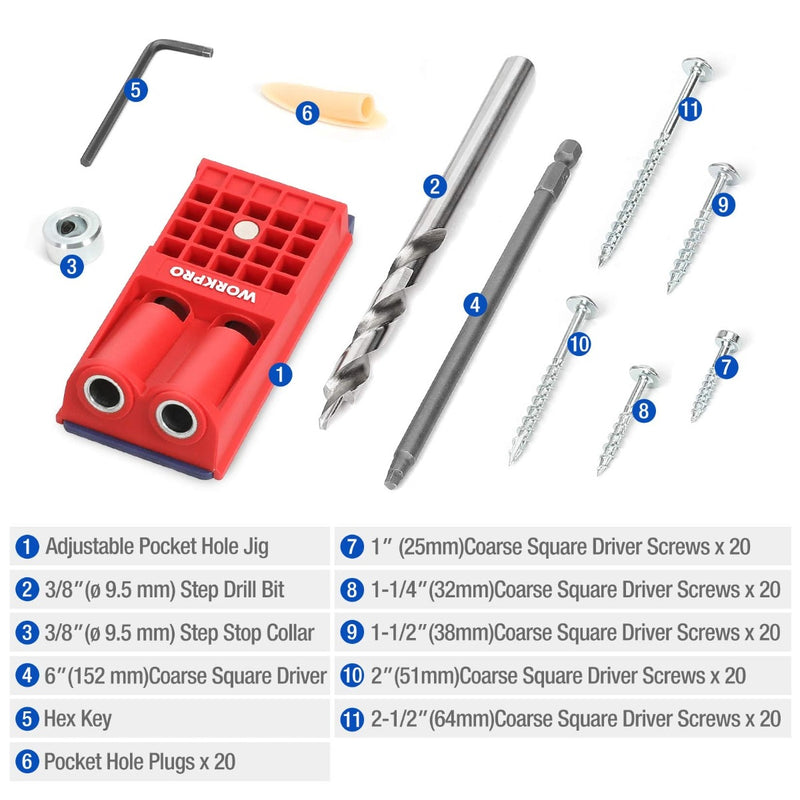 Pocket Hole Jig System Kit, Pocket Screw Jig with 11 Inch Clamp, Square  Driver Bit, Hex