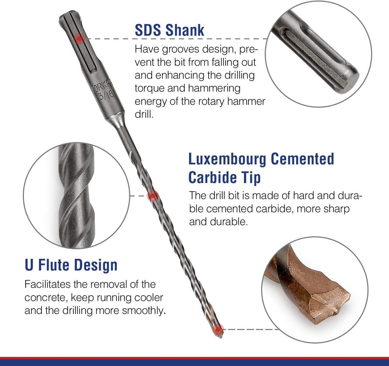 WORKPRO 8-Piece SDS-plus Drill Bit Set, Carbide Tip, SDS+ Rotary Hamm