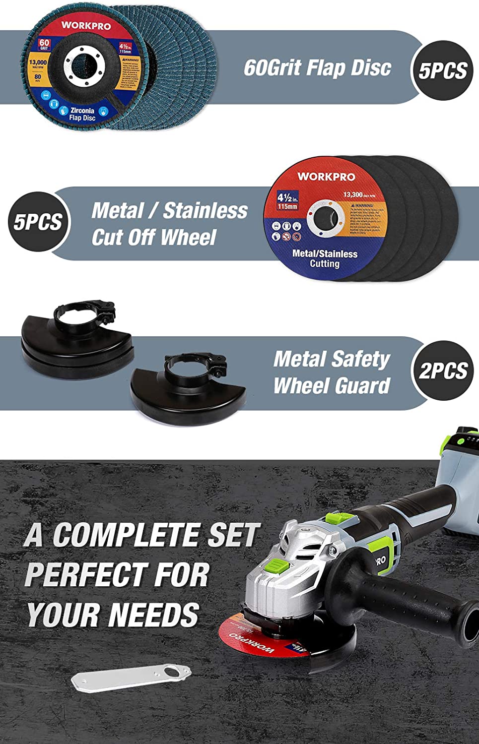 Angle grinder accessory set with 60 grit flap disc, cut-off wheel and safety guard
