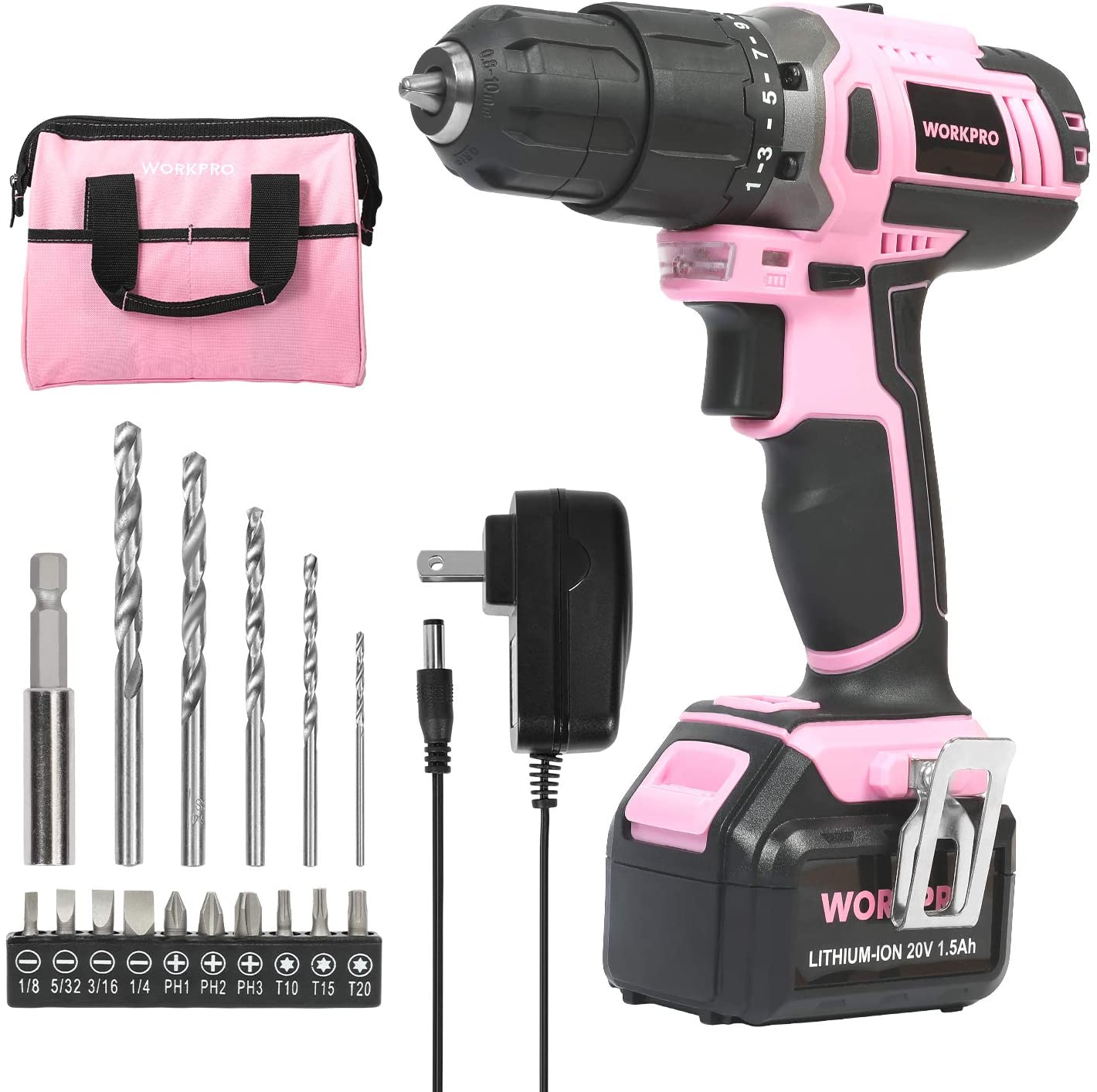 WORKPRO Pink Cordless 20V Lithium-ion Drill Driver Set with innovation and quality, secure and durable power