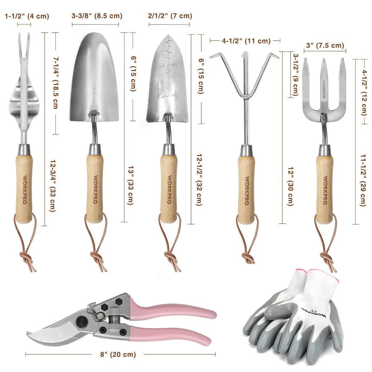 Garden hand tools set with wooden handles and stainless steel blades, measurement view