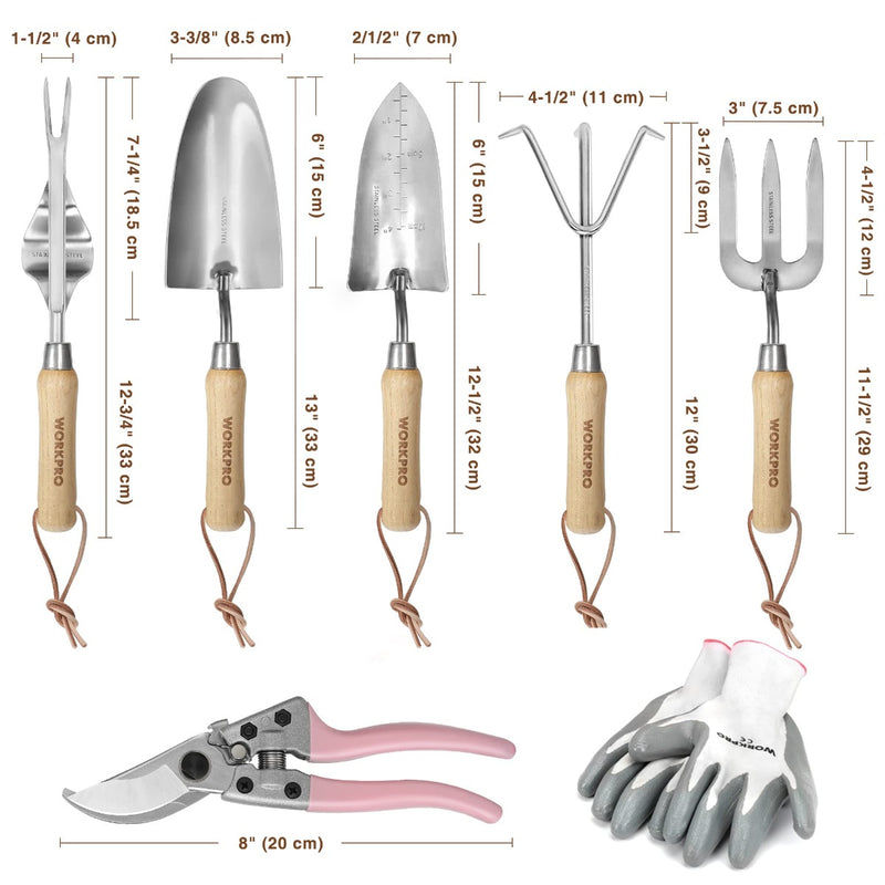 pink garden trowel WORKPRO Pink Garden Tools 7 Pcs Set, Stainless Steel Heavy Duty Gardening Tools