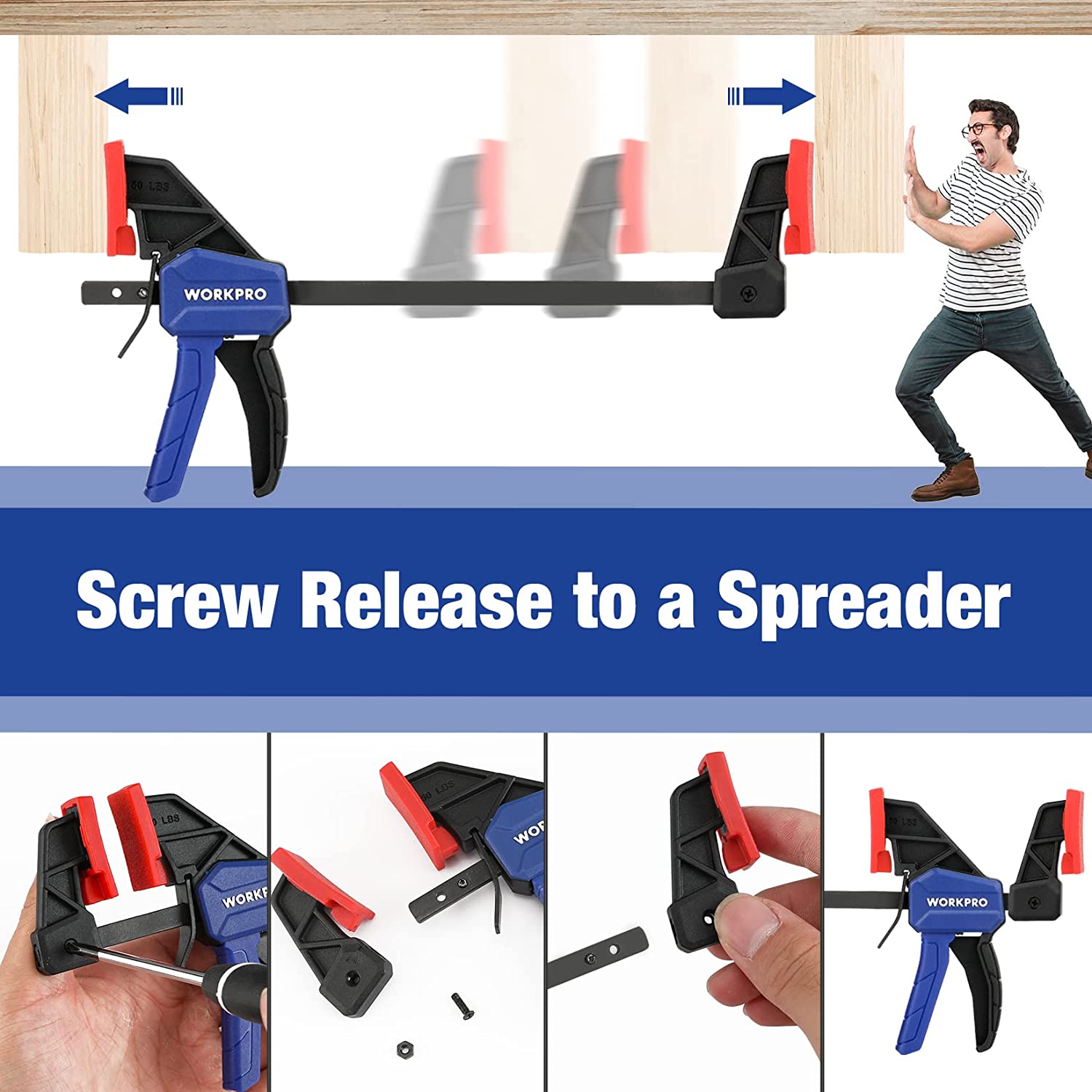 WORKPRO bar clamps with screw release spreader design for woodworking boards