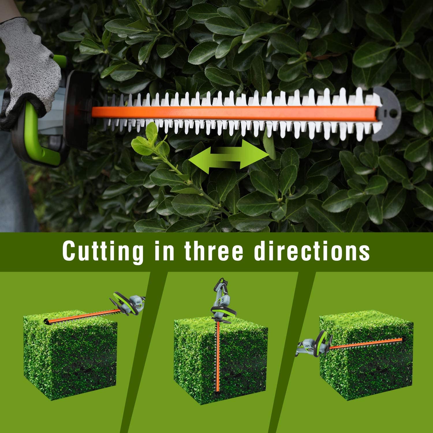 Orange dual-action blade bar showing teeth detail between green hedge leaves
