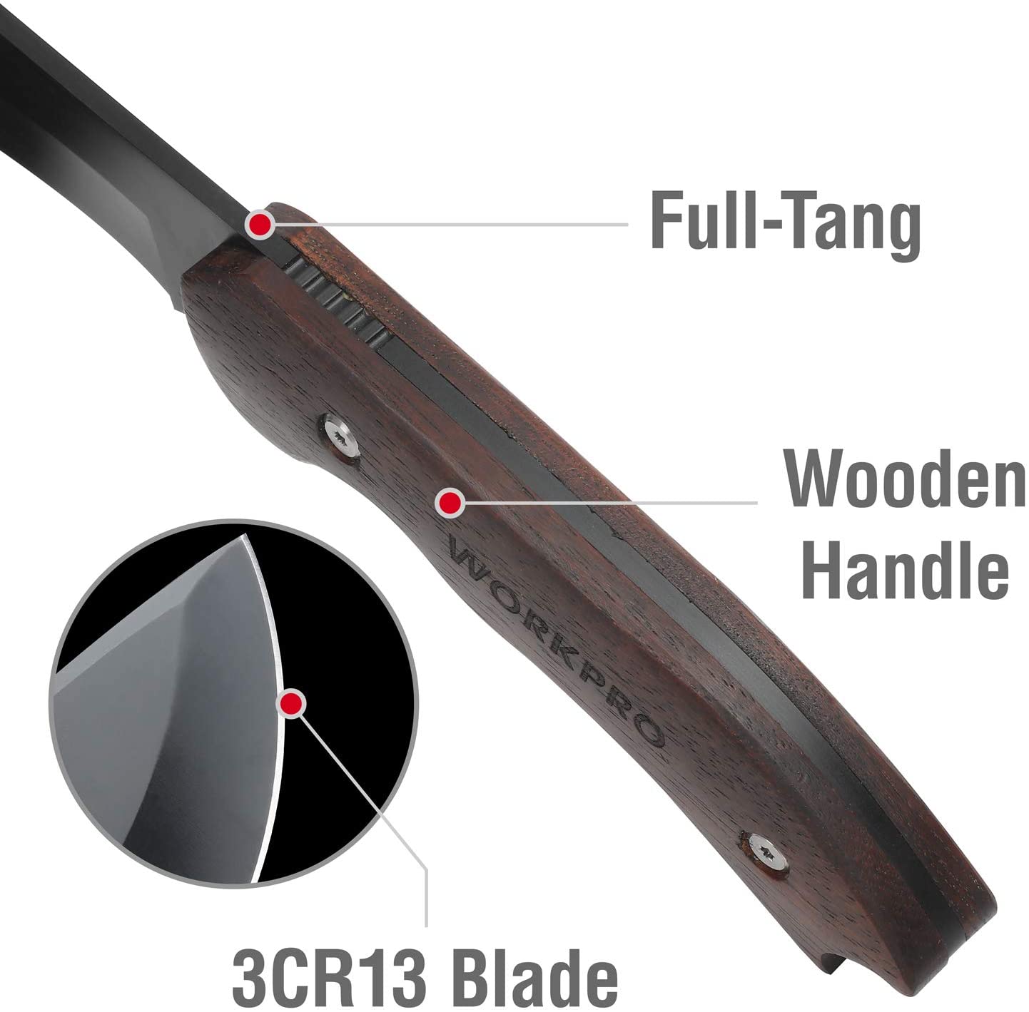 Full-tang fixed blade knife with dark wooden handle and black blade