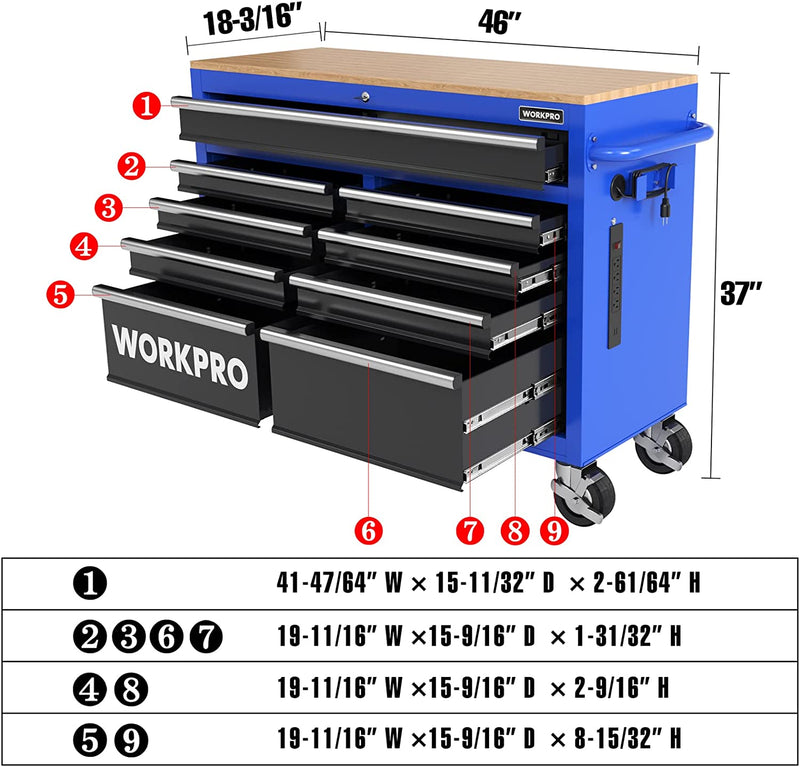 WORKPRO 46-Inch 9-Drawers Rolling Tool Chest with Wooden Top, Equipped with Casters, Handle, Drawer Liner, and Locking System, 1200 lbs Load Capacity