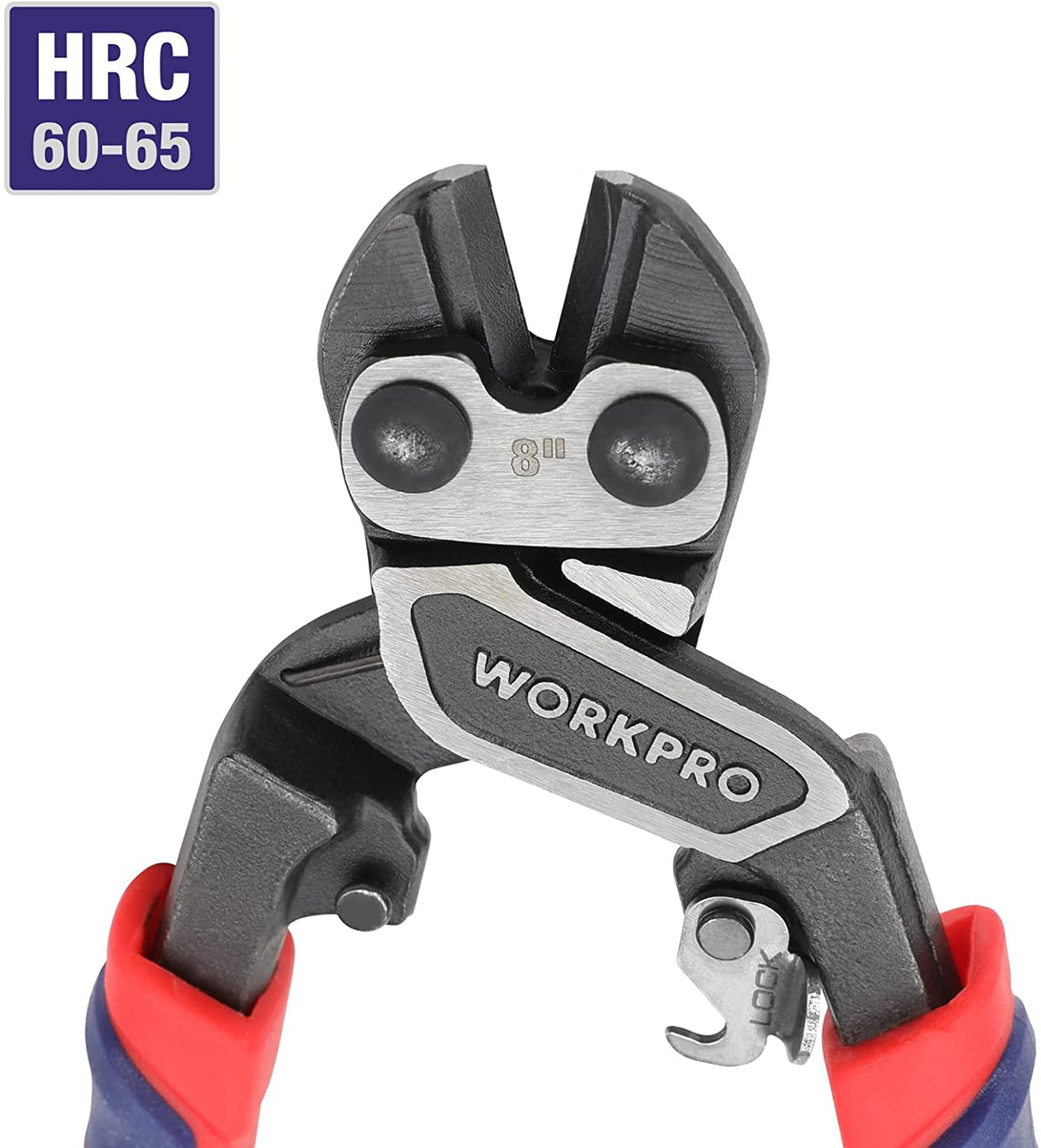 8-inch mini bolt cutter, black jaws with WORKPRO logo, red-blue handles