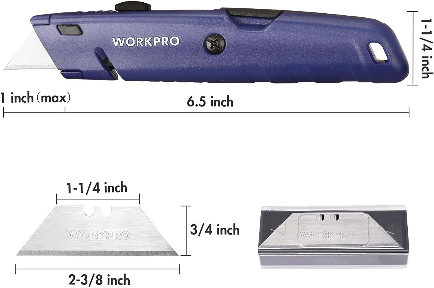 Retractable utility knife with blue body and blade size measurement diagram