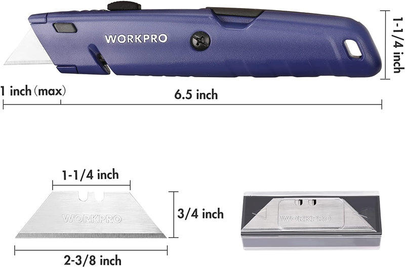 WORKPRO Retractable Utility Knife with Extra Blade Storage, 2 Pack Quick-Change Box Cutters