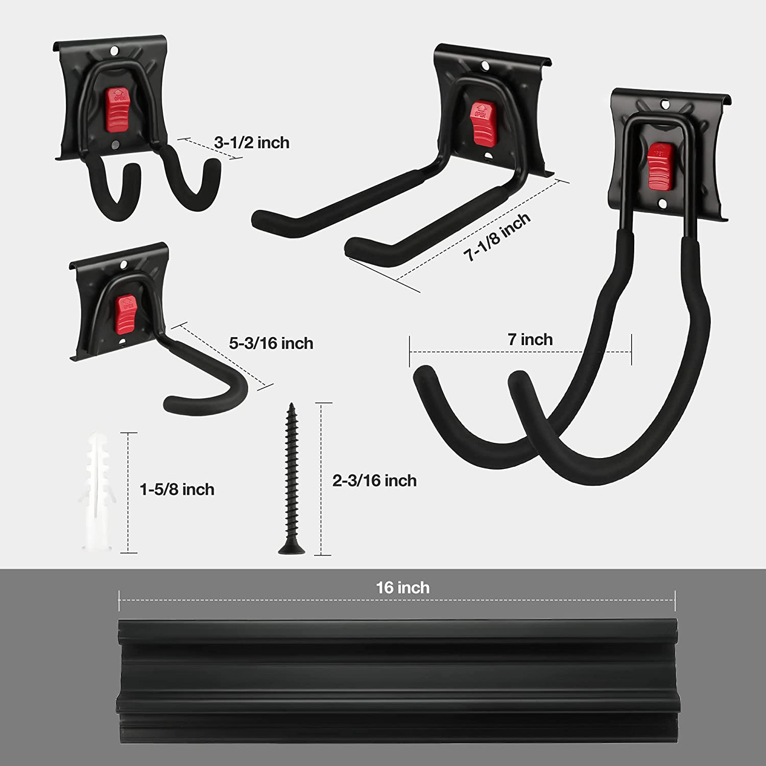 Black wall mount tool hangers set with multiple hook styles and spacing dimensions