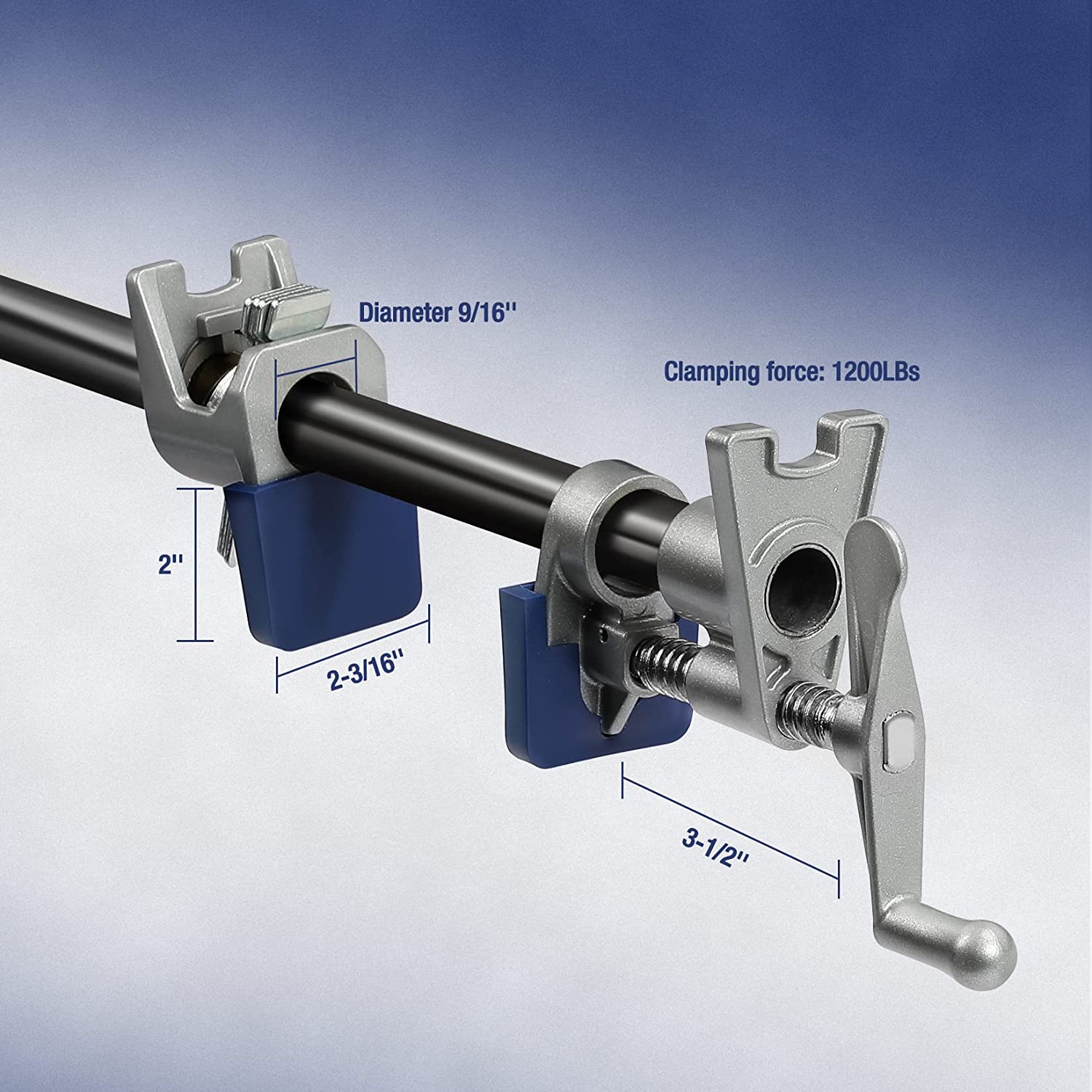 Pipe clamp designed for 3/4-inch inner diameter black pipe, with long lever handle