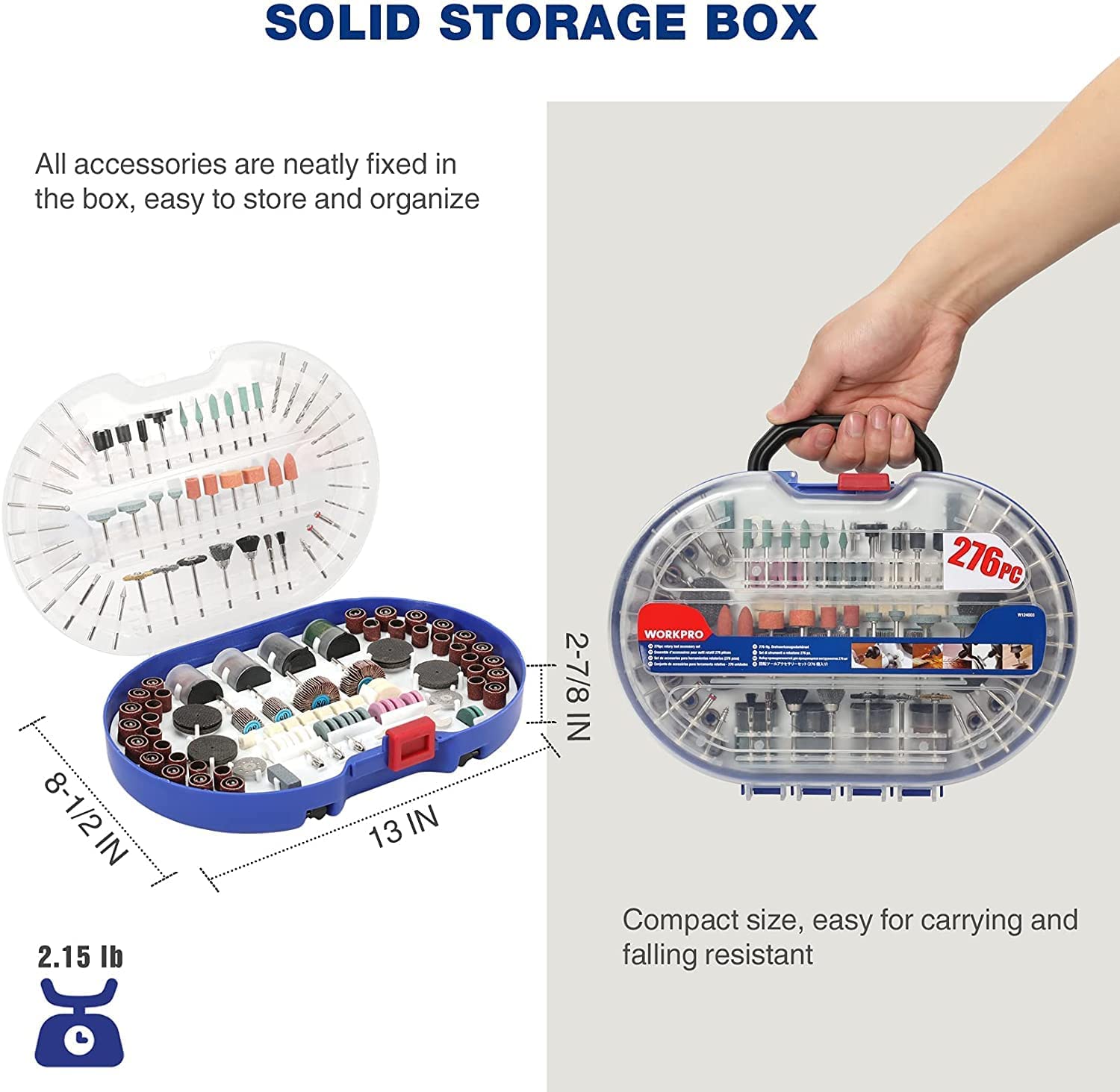 Rotary tool accessory kit in clear-lid compact storage box for easy carrying and folding