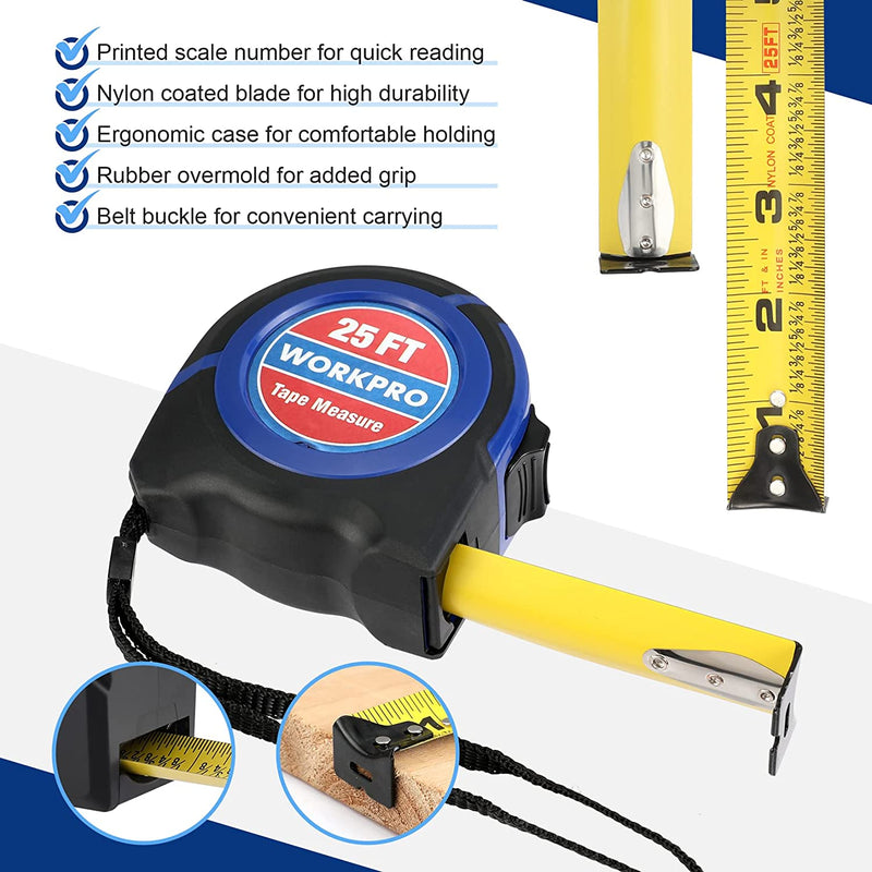 WorkPro Tape Measure 25 ft, Tape Measure with Fractions Every 1/8and 1/32 Accuracy, Quick Read, Nylon Coated, Shock-Resistant Case and Belt Clip