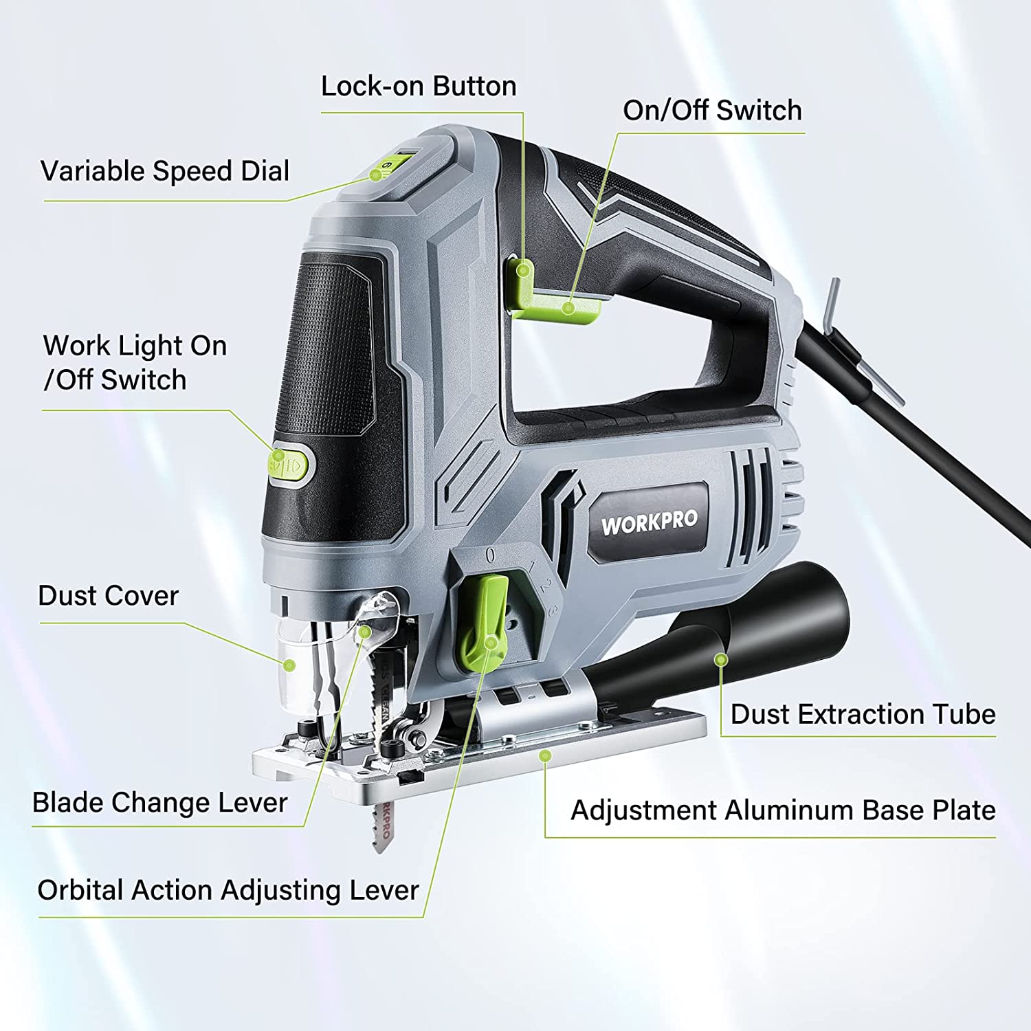 Corded electric jigsaw with adjustable aluminum base, dust cover, and extraction tube