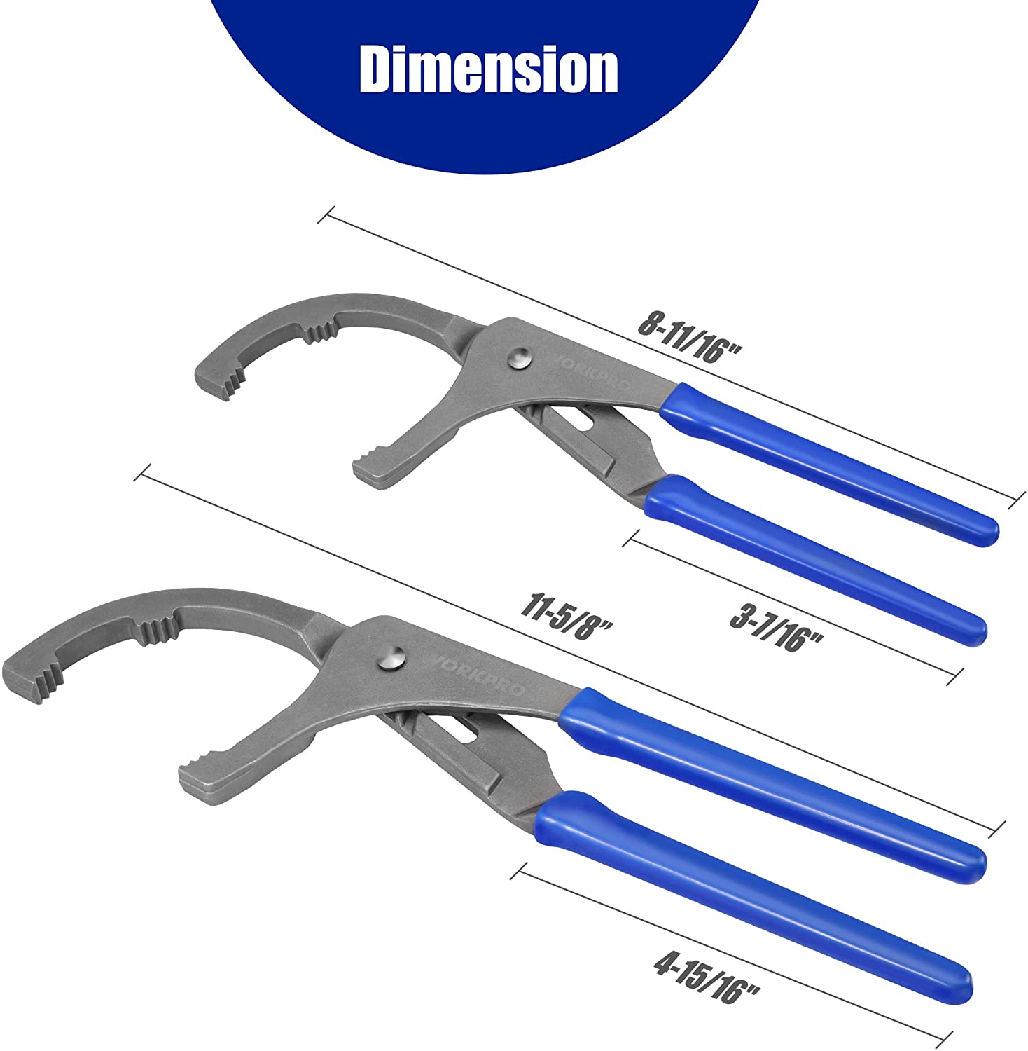 Oil filter wrench pliers set showing multiple jaw sizes and length dimensions