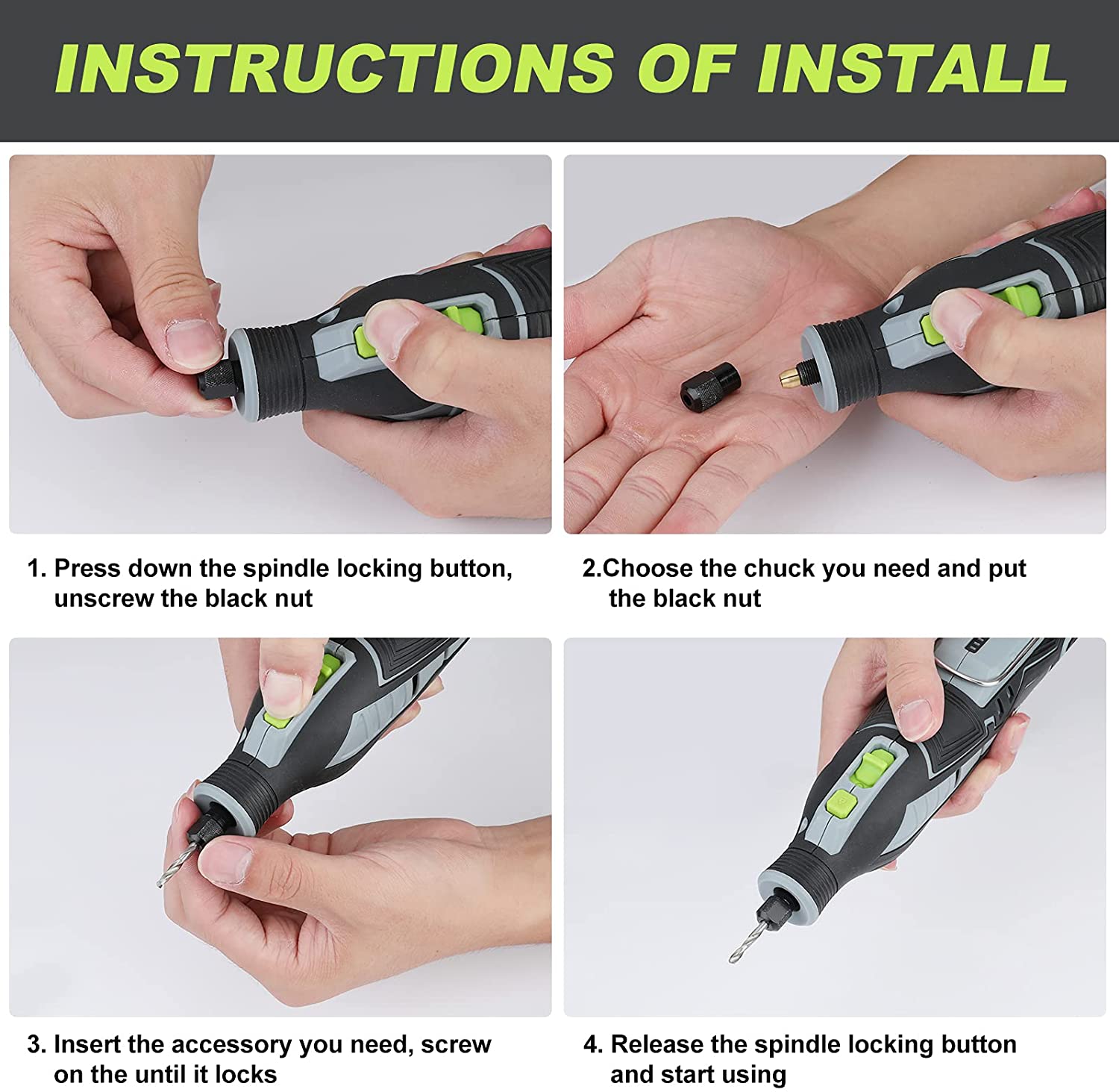 Cordless rotary tool chuck and spindle lock button for attaching accessories