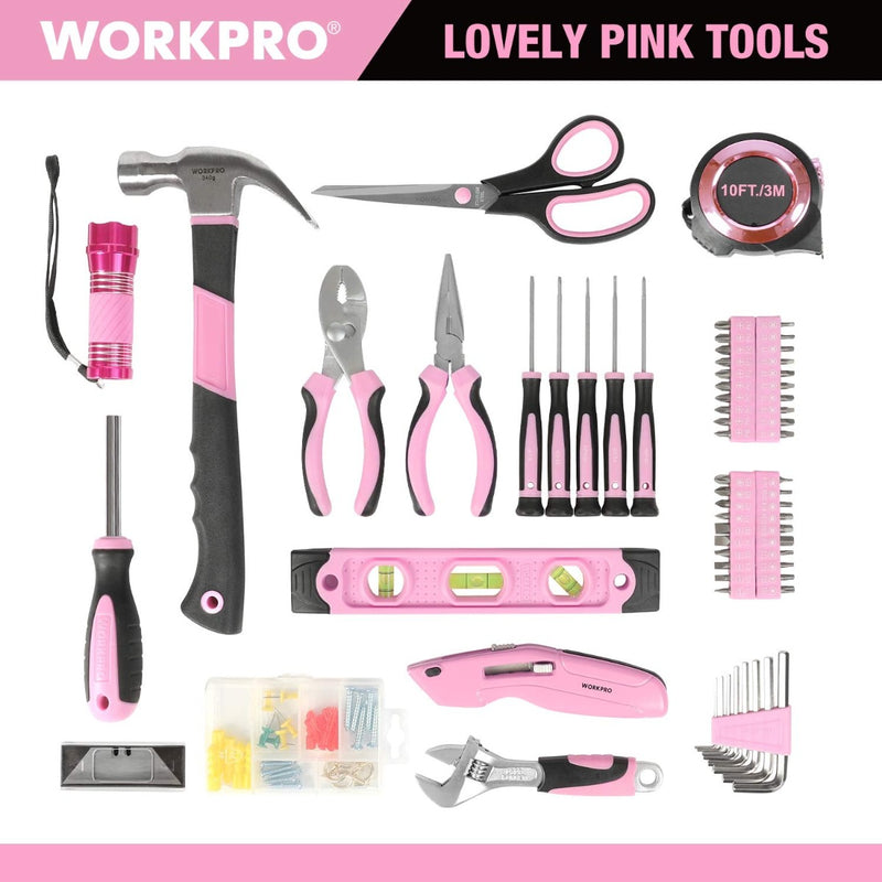 WORKPRO 106 Pcs Lady's Home Repairing Tool Set with Wide Mouth Open Storage Bag - Pink Ribbon