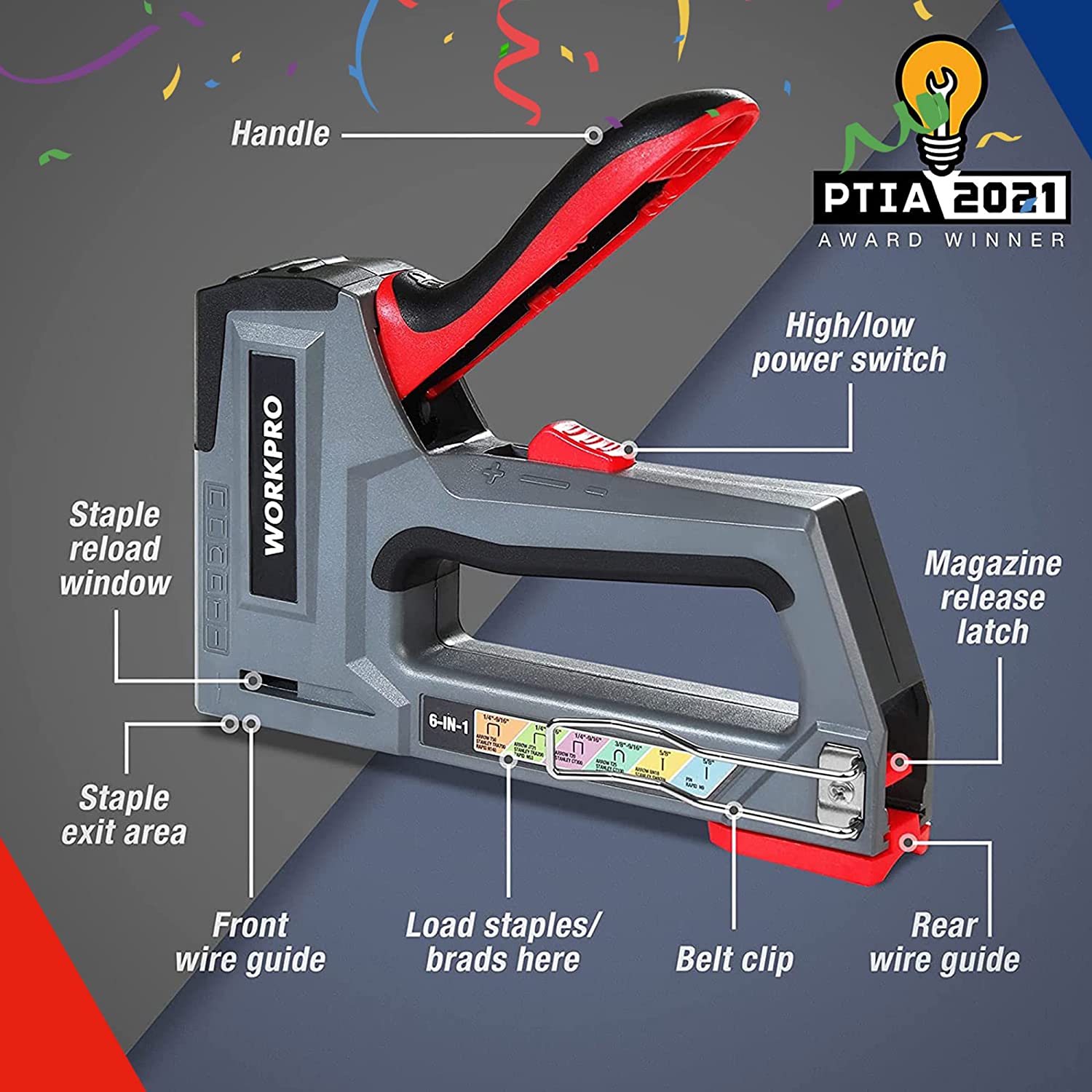 Grey and red manual staple nailer with open magazine and side release latch