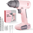 WORKPRO 12V Cordless Drill Driver Set with 6 Pcs Bits, 3/8-Inch Keyless Chuck, Variable Speed, 18 Touque Setting - Pink Ribbon