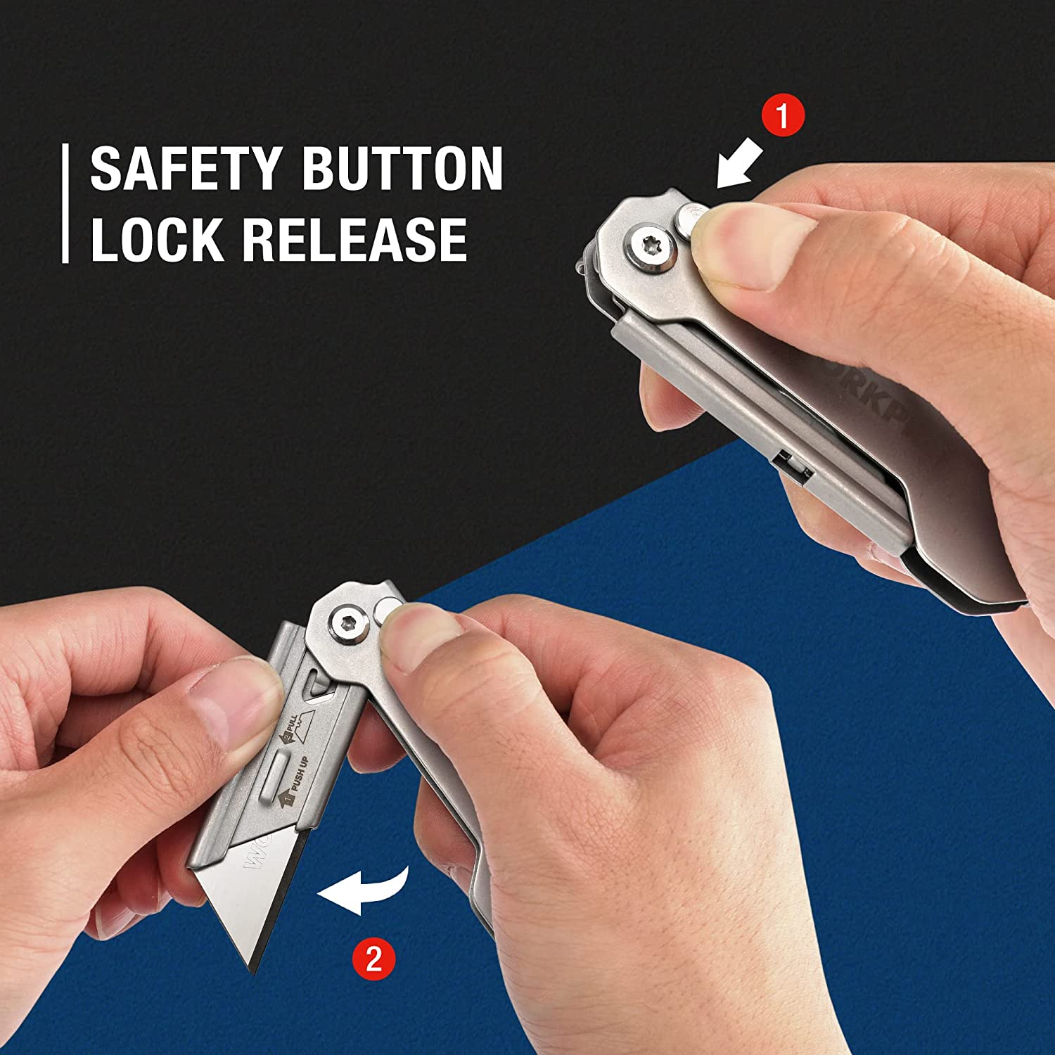 Folding utility knife with safety button lock release, held by hands