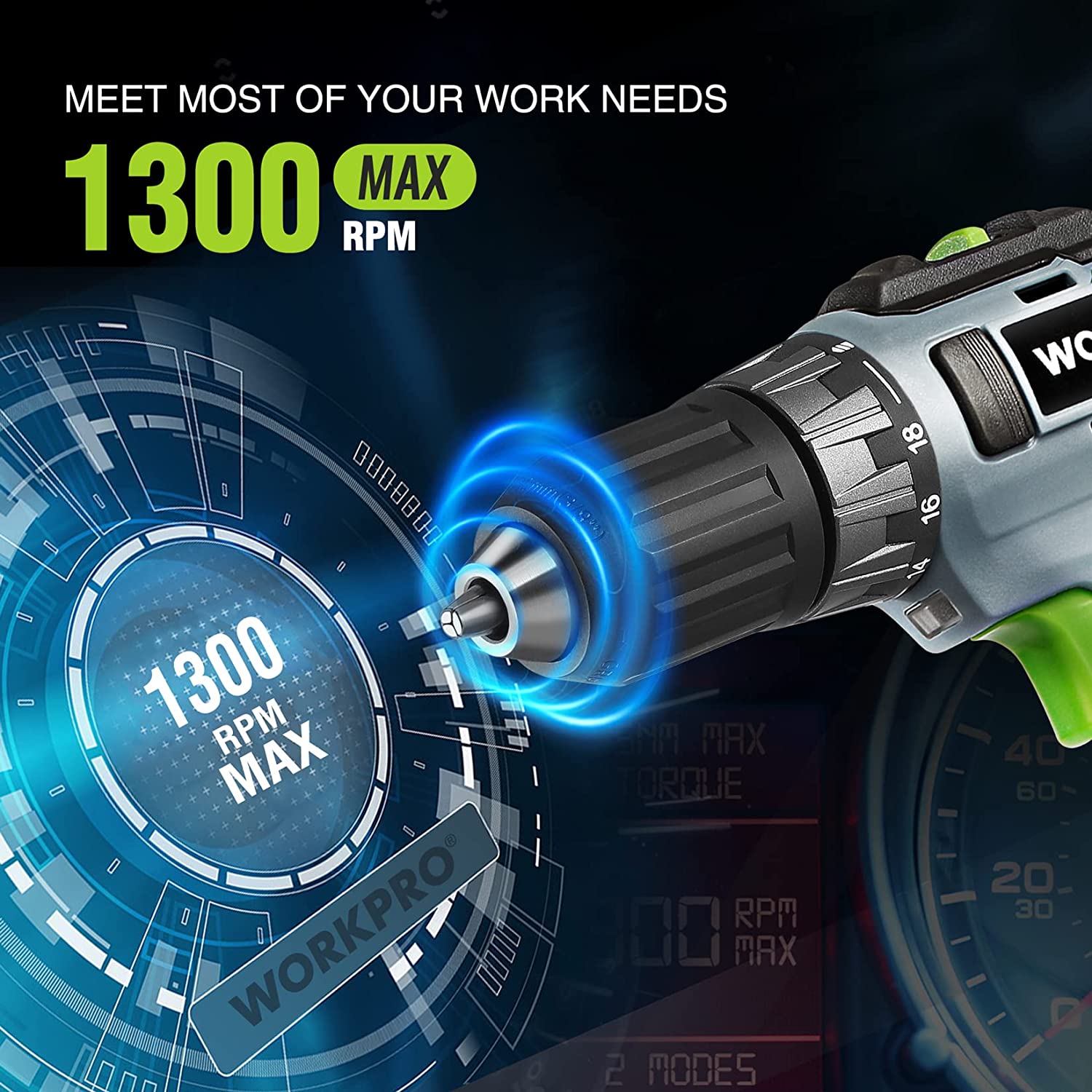 Cordless drill driver with green handle and blue circular RPM indicator graphic