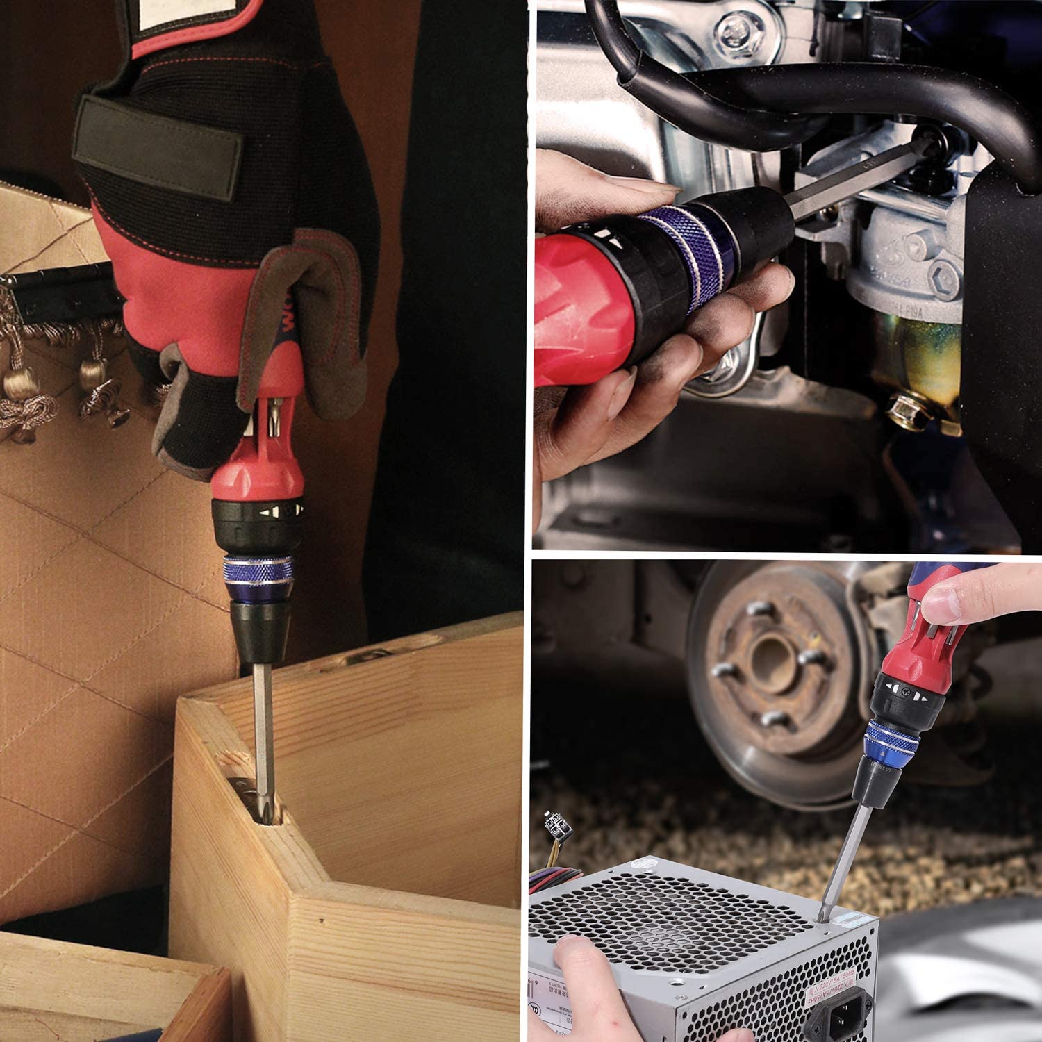 WORKPRO 12-in-1 Ratcheting Multi-Bit Quick-load Mechanism Screwdriver in red and black with secure bit lock