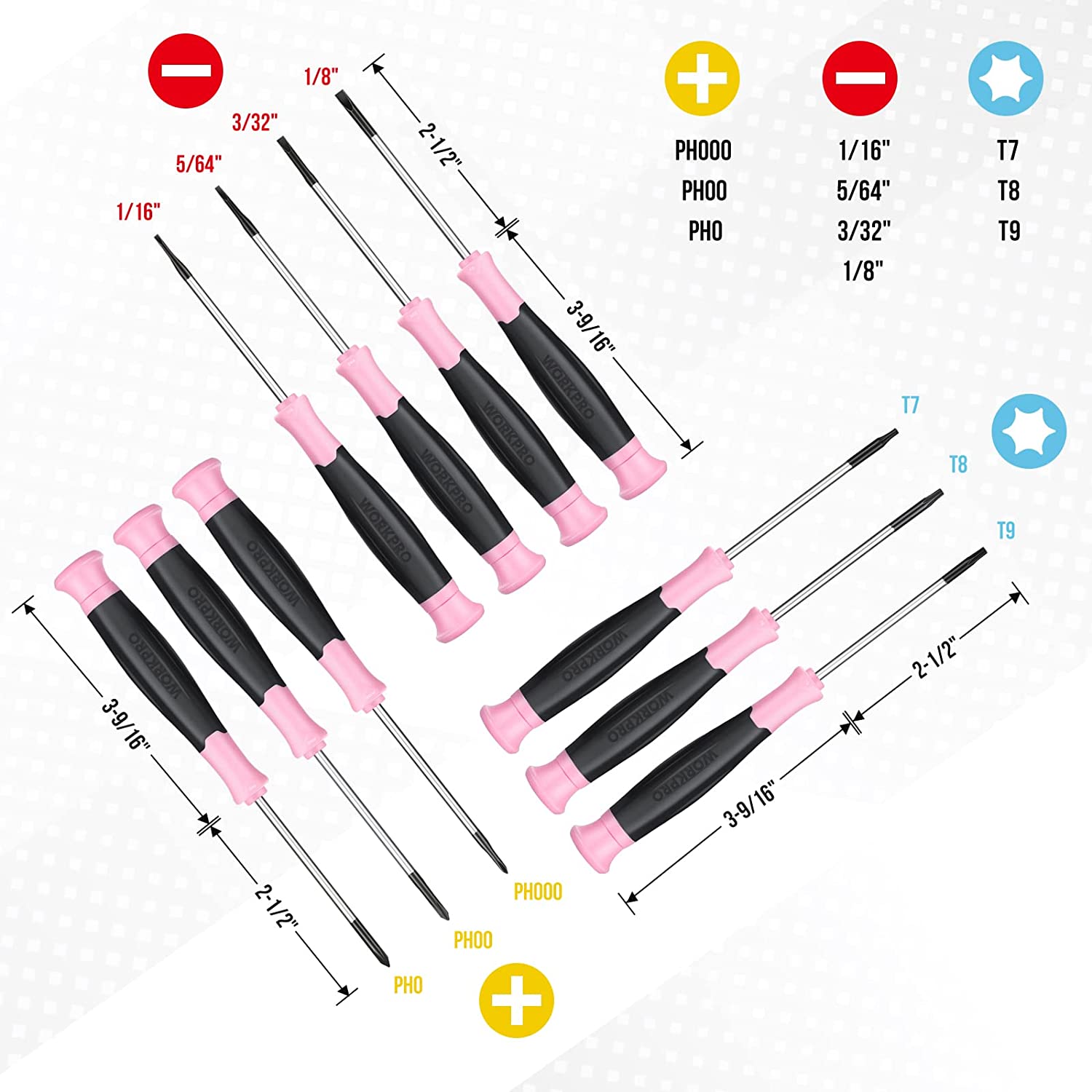 Precision screwdriver set with pink grips and black handles, showing multiple tip types