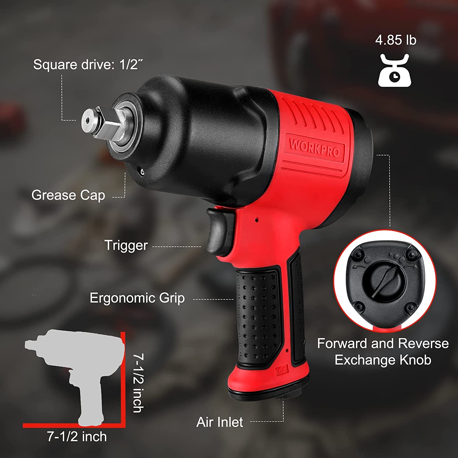 WORKPRO air impact wrench with 1/2 in square drive, red and black handle, forward/reverse