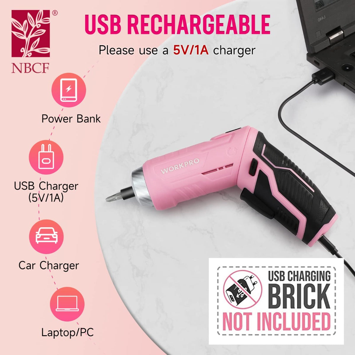 Pink USB rechargeable cordless screwdriver with power/charging indication icons