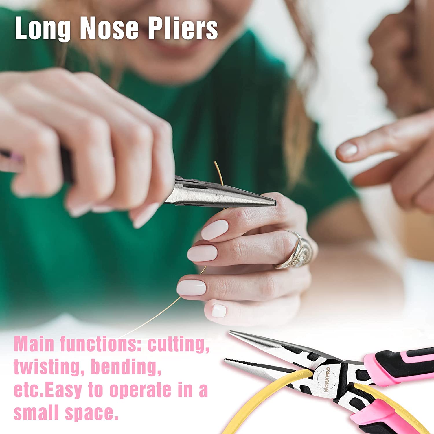Pink-handled long nose pliers with pointed tips for cutting and twisting