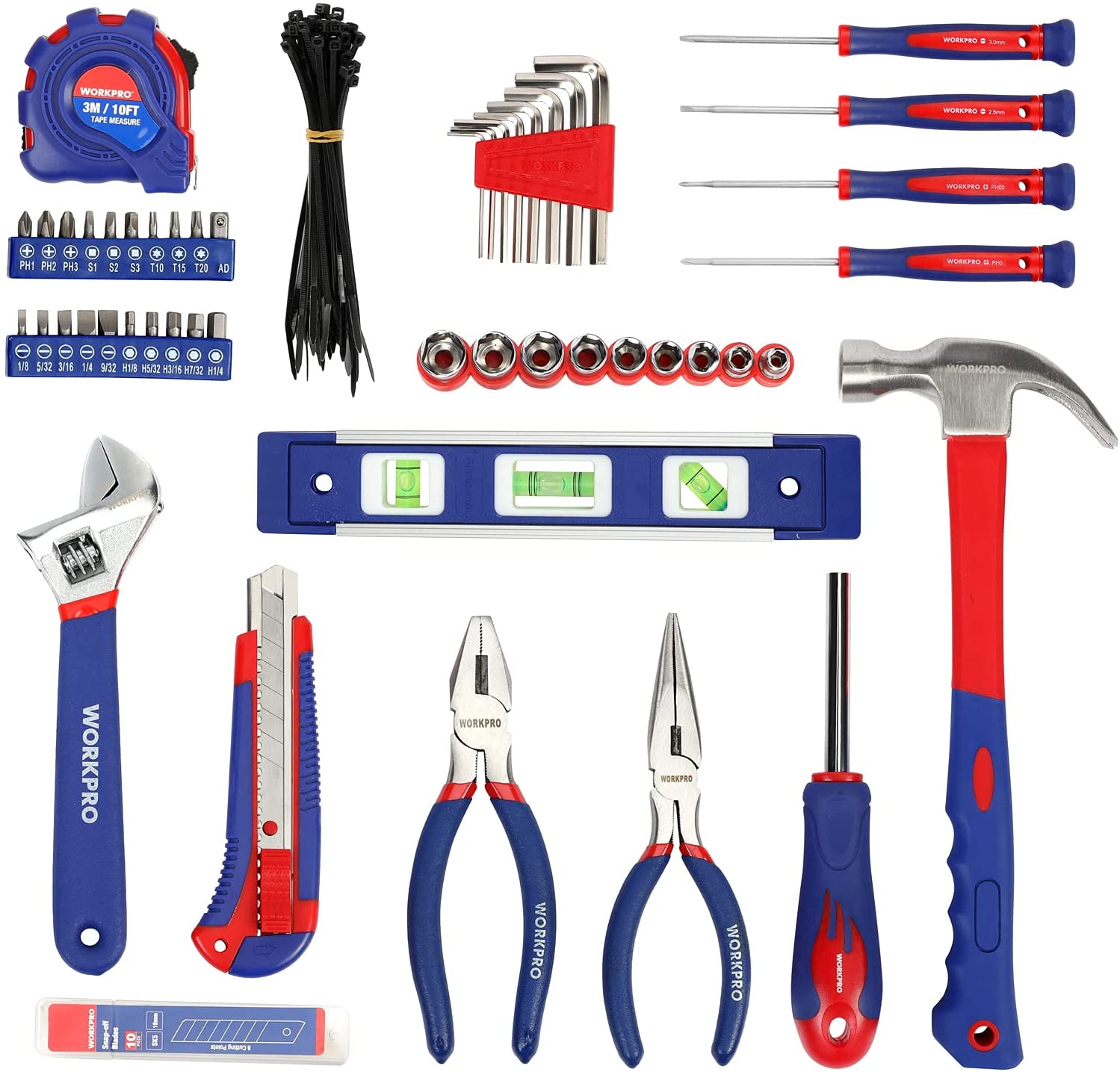 Kitchen drawer hand tool set with mixed screwdriver bits, tape measure, and carrying pouch