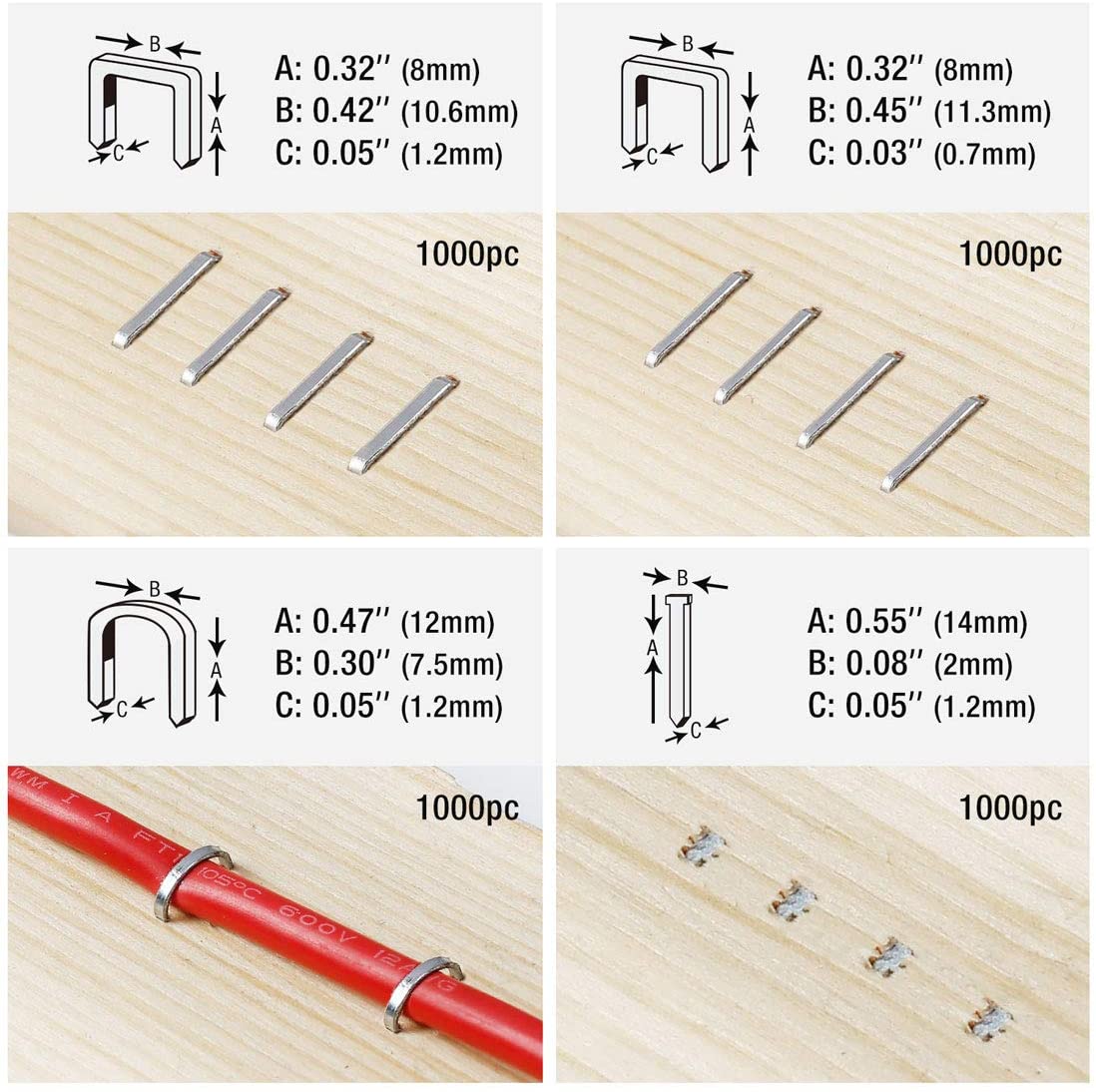 Assorted brad nails with size measurements; 1000 pieces shown
